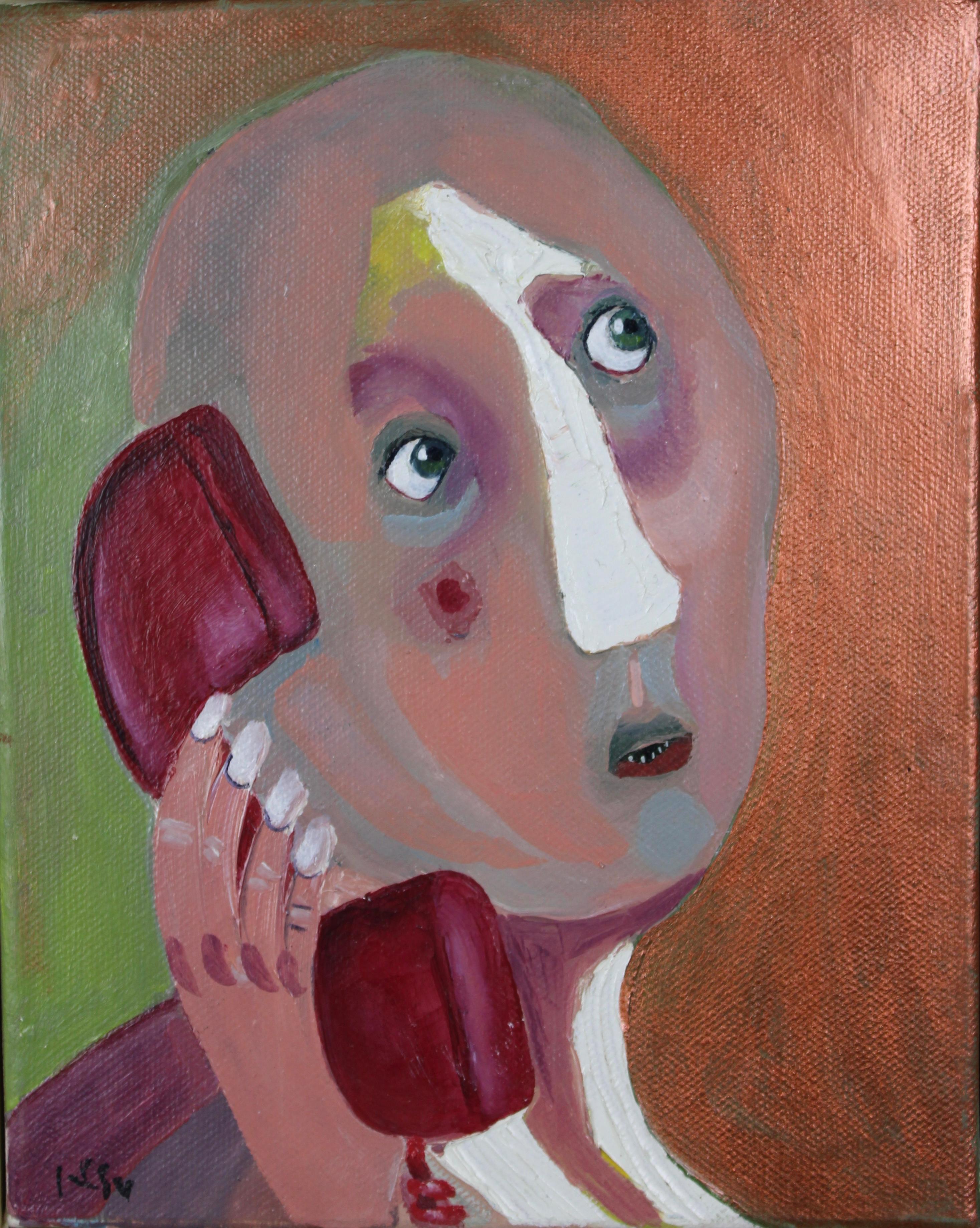 Tell me? Humoristic Scene Mixed Media on Canvas with Frame by Ines Silvalde - Contemporary Mixed Media Art by Inés Silvalde