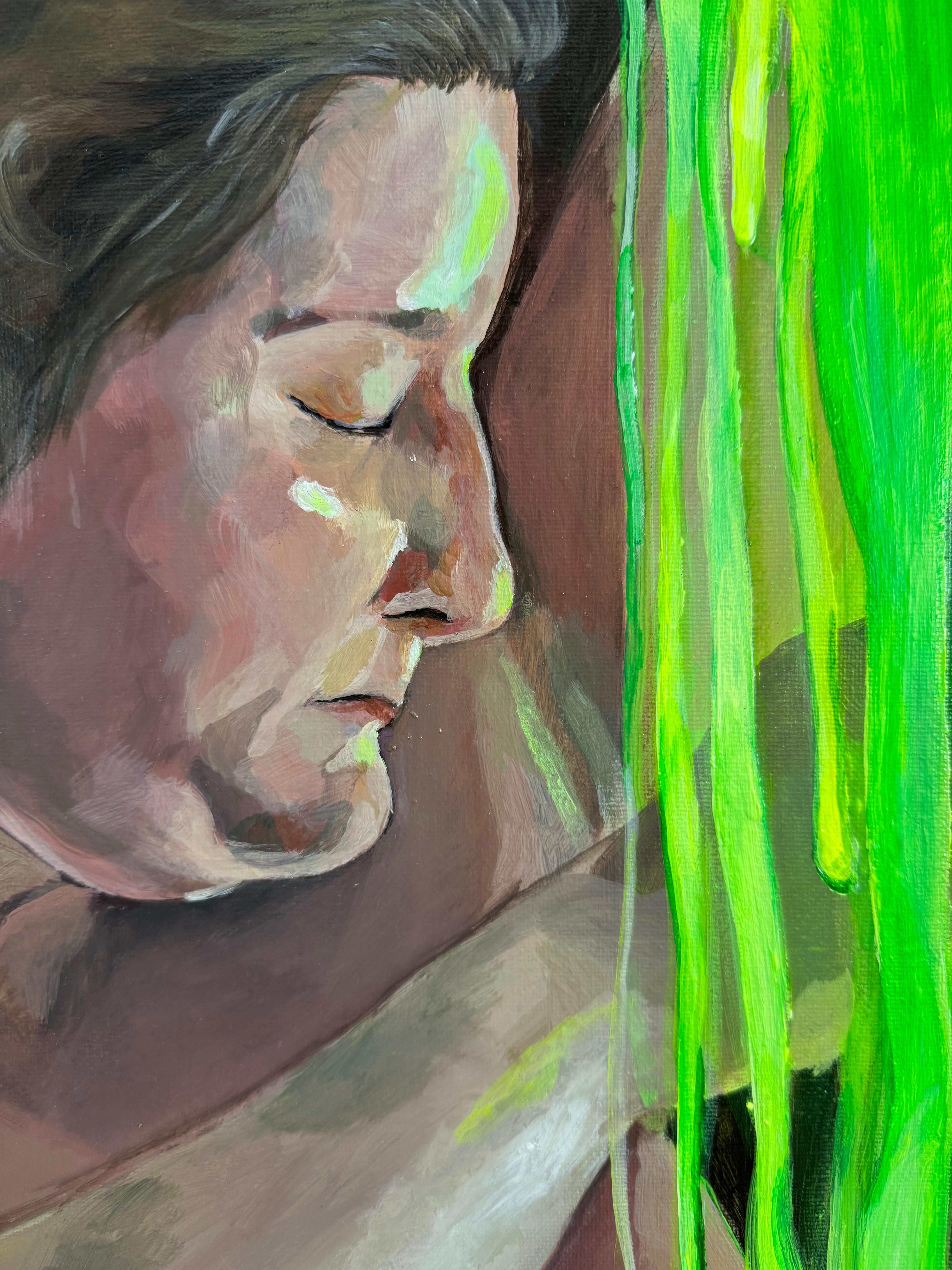 Contemporary Figurative Nude Female in Bathtub Fluorescent Green Dripping Liquid – Painting von Inés Silvalde
