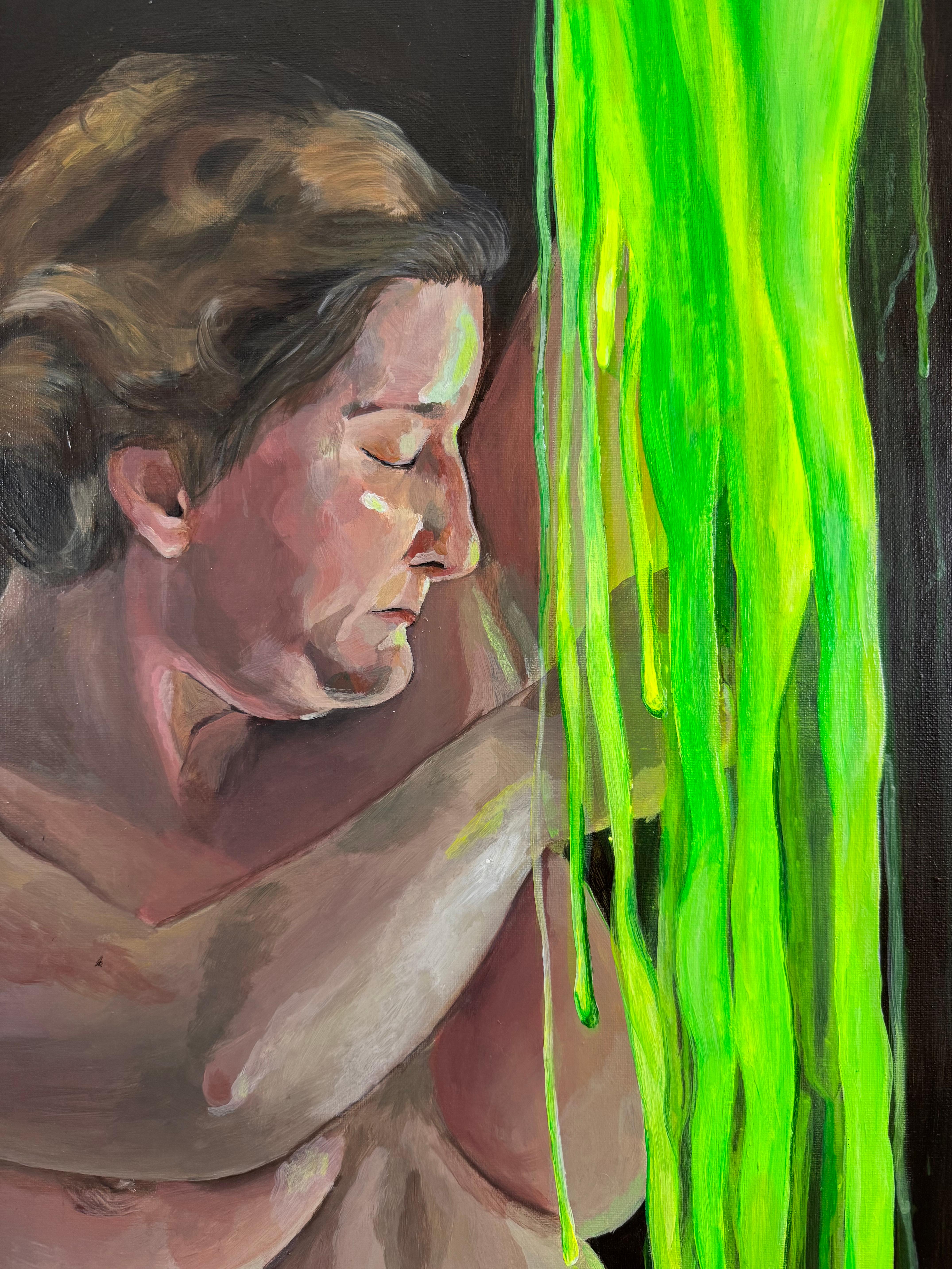 Contemporary Figurative Nude Female in Bathtub Fluorescent Green Dripping Liquid (Zeitgenössisch), Painting, von Inés Silvalde