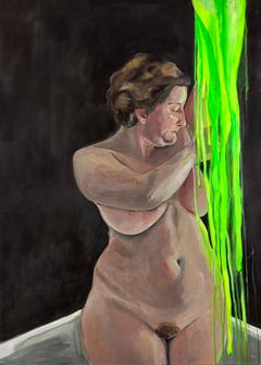 Contemporary Figurative Nude Female in Bathtub Fluorescent Green Dripping Liquid