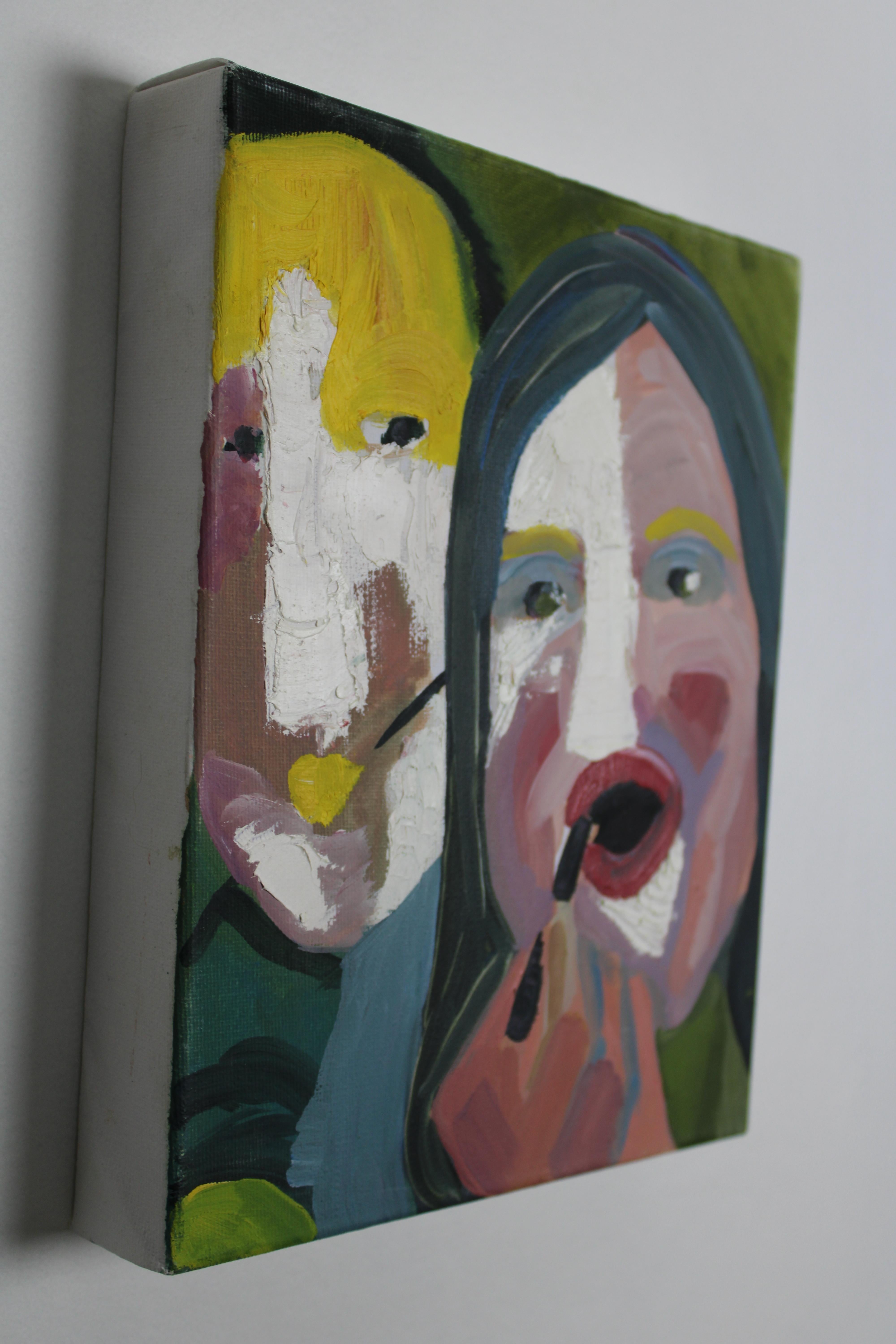 Huile sur toile, scène figurative contemporaine à la palette audacieuse. 