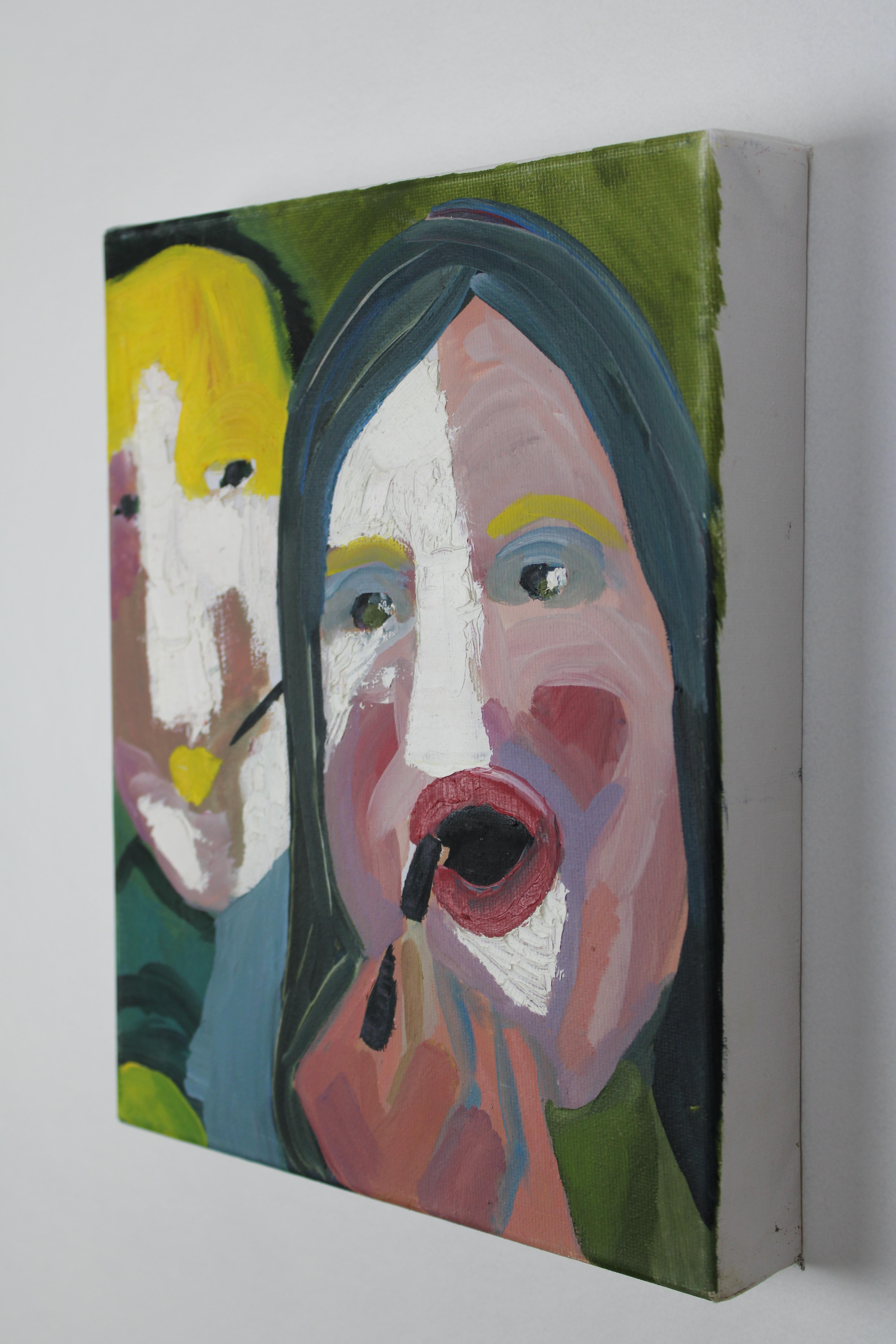 Huile sur toile, scène figurative contemporaine à la palette audacieuse. 