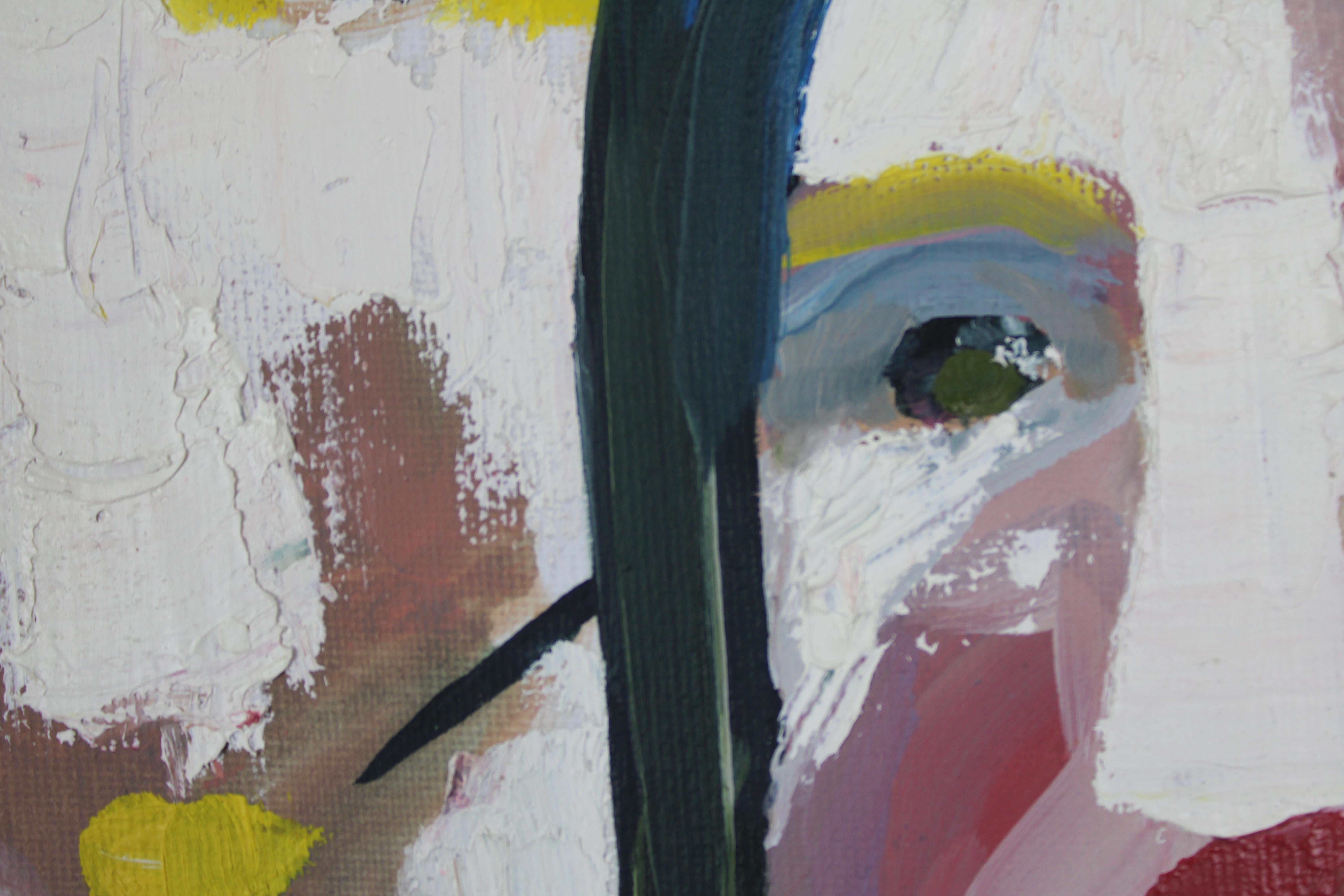 Huile sur toile, scène figurative contemporaine à la palette audacieuse. 