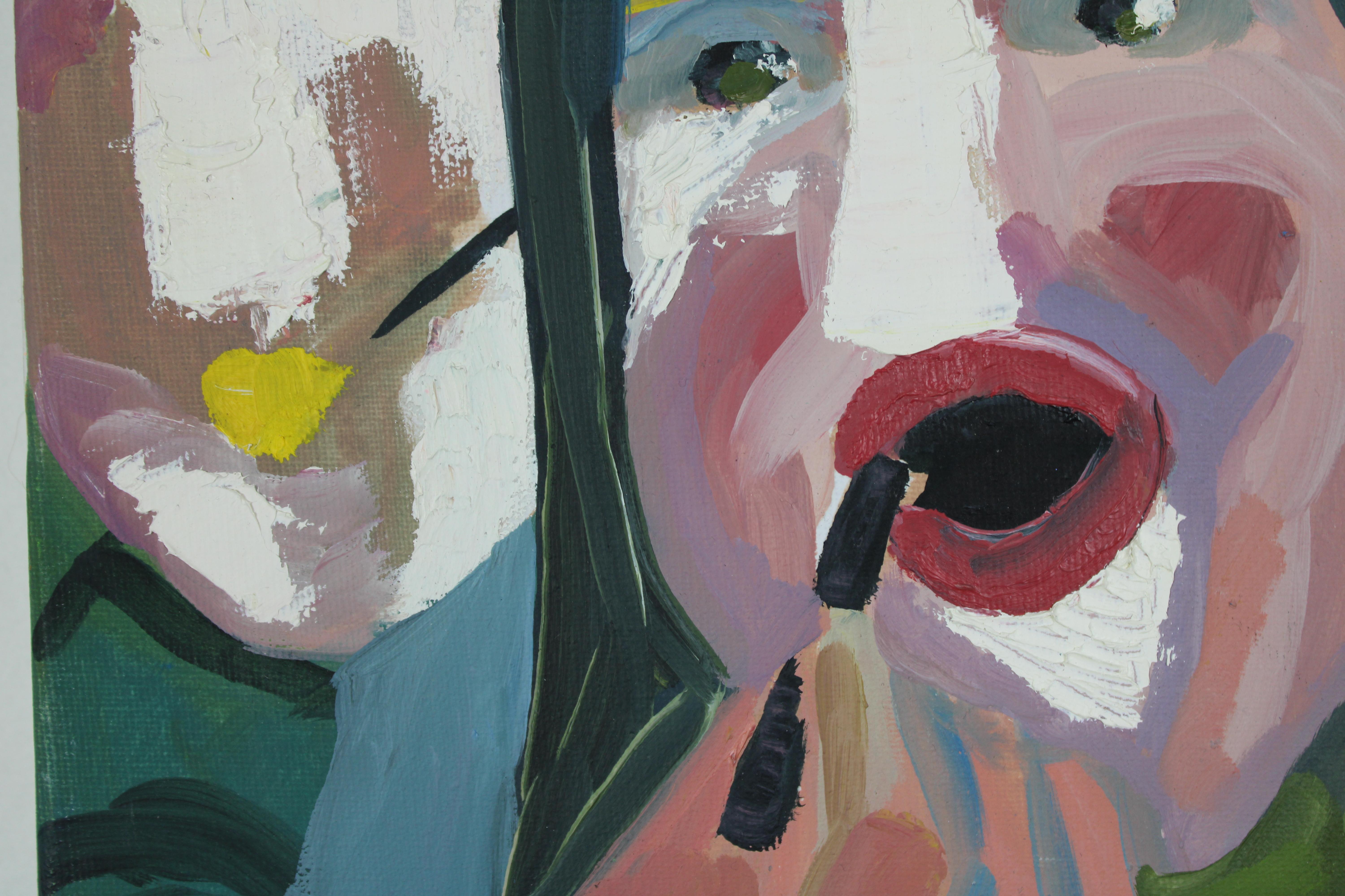 Huile sur toile, scène figurative contemporaine à la palette audacieuse. 