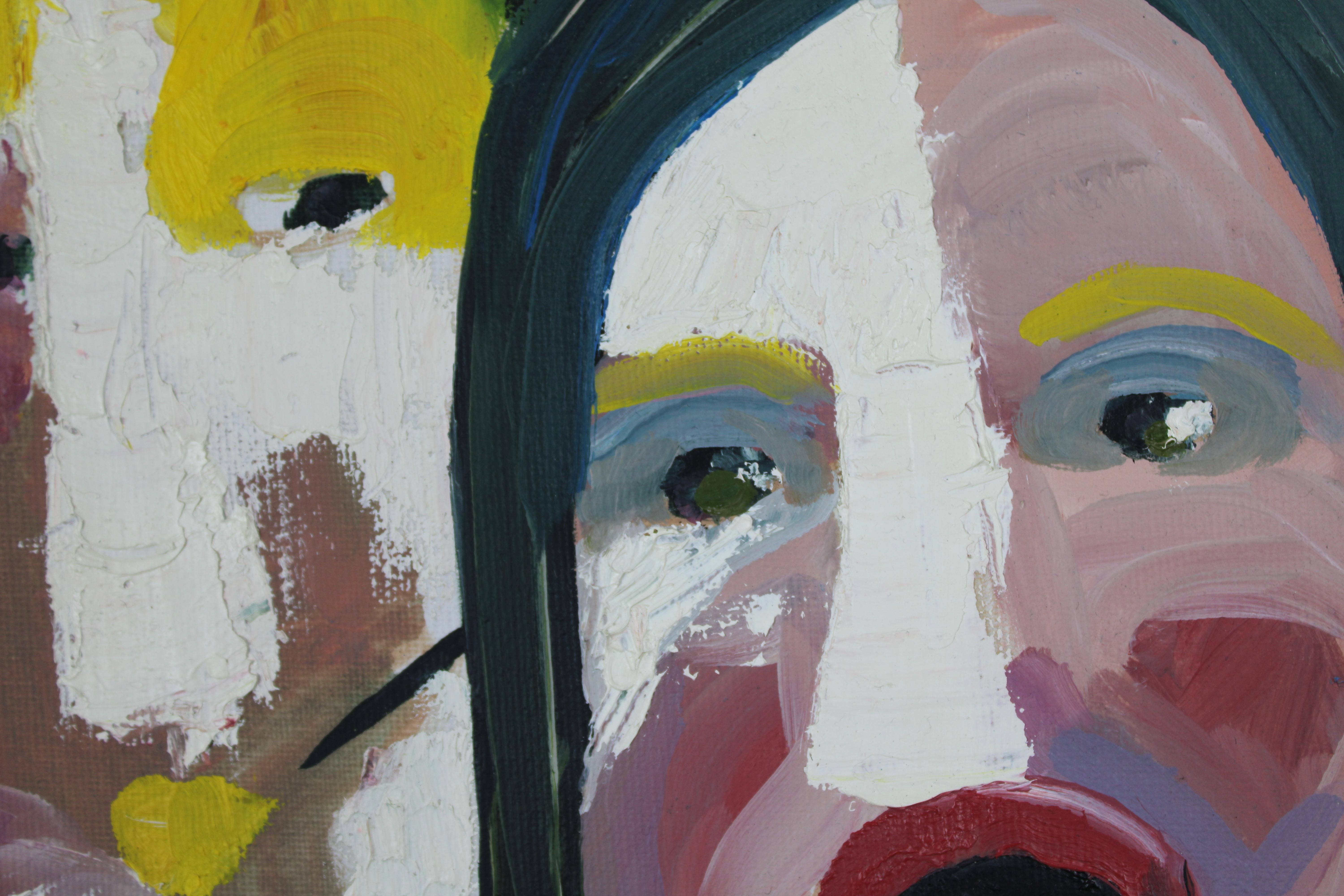 Huile sur toile, scène figurative contemporaine à la palette audacieuse. 