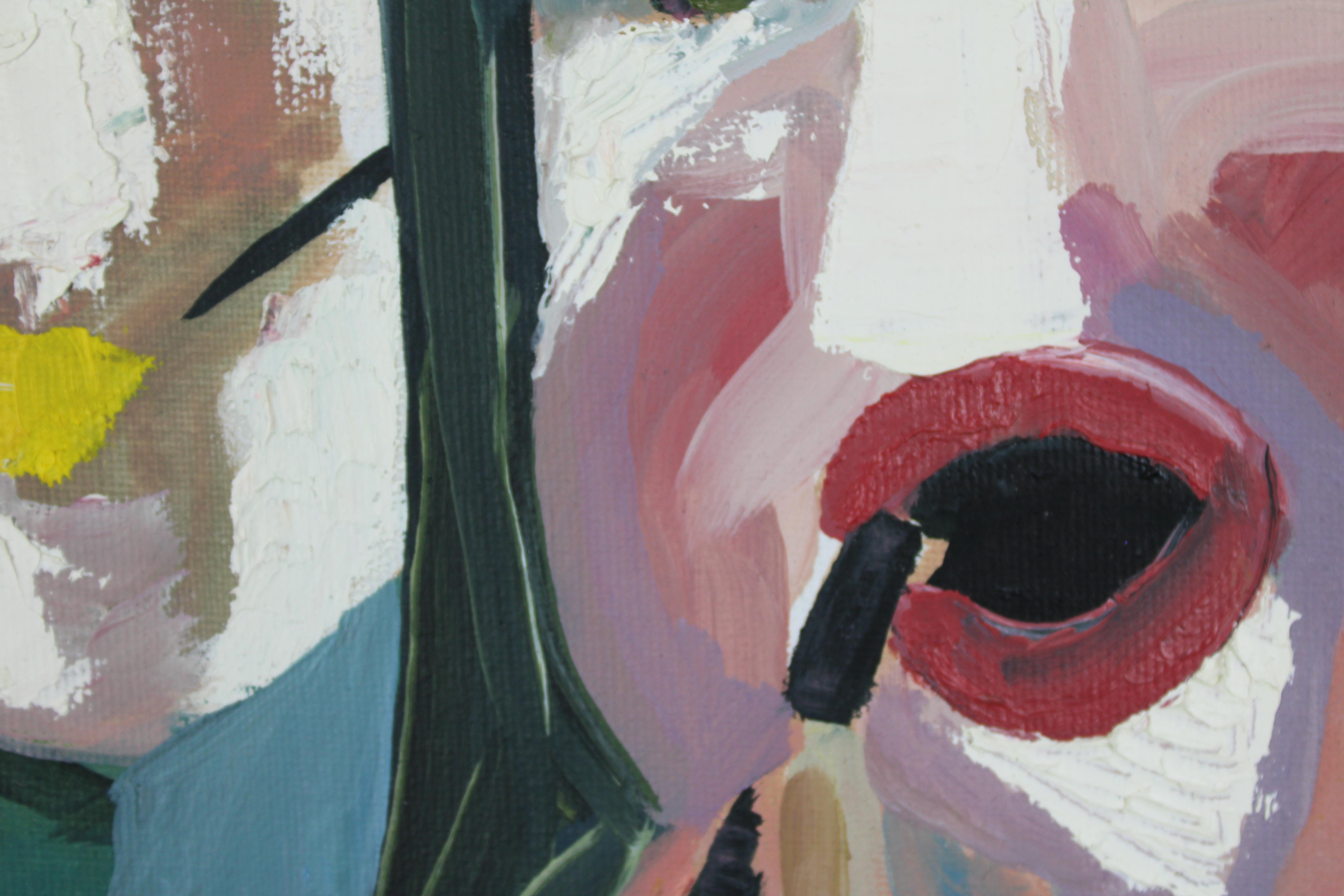 Huile sur toile, scène figurative contemporaine à la palette audacieuse. 