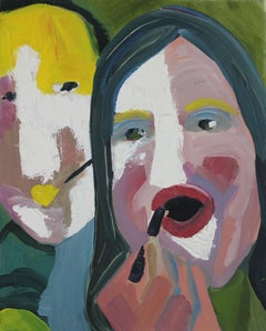 Óleo sobre lienzo, Escena figurativa contemporánea con paleta atrevida. "Puedes mirar"