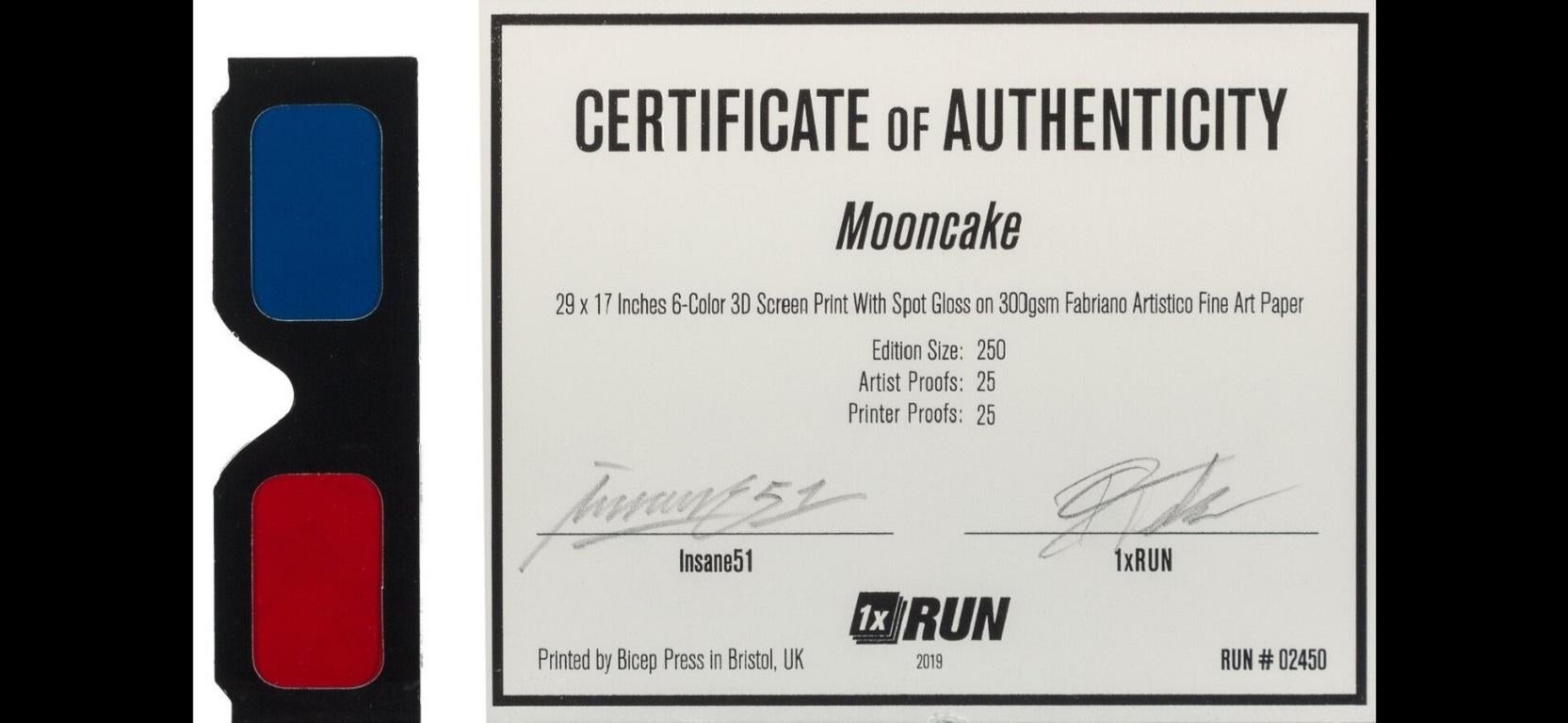 MOONCAKE
By Insane 51
2019 • Limited edition screenprint (211 of 250)  • Signed by the artist

A Narrative for the Work

In Mooncake, Insane 51 (Stathis Tsavalias) invites you into a poetic interplay of luminosity and shadow, where familiar forms