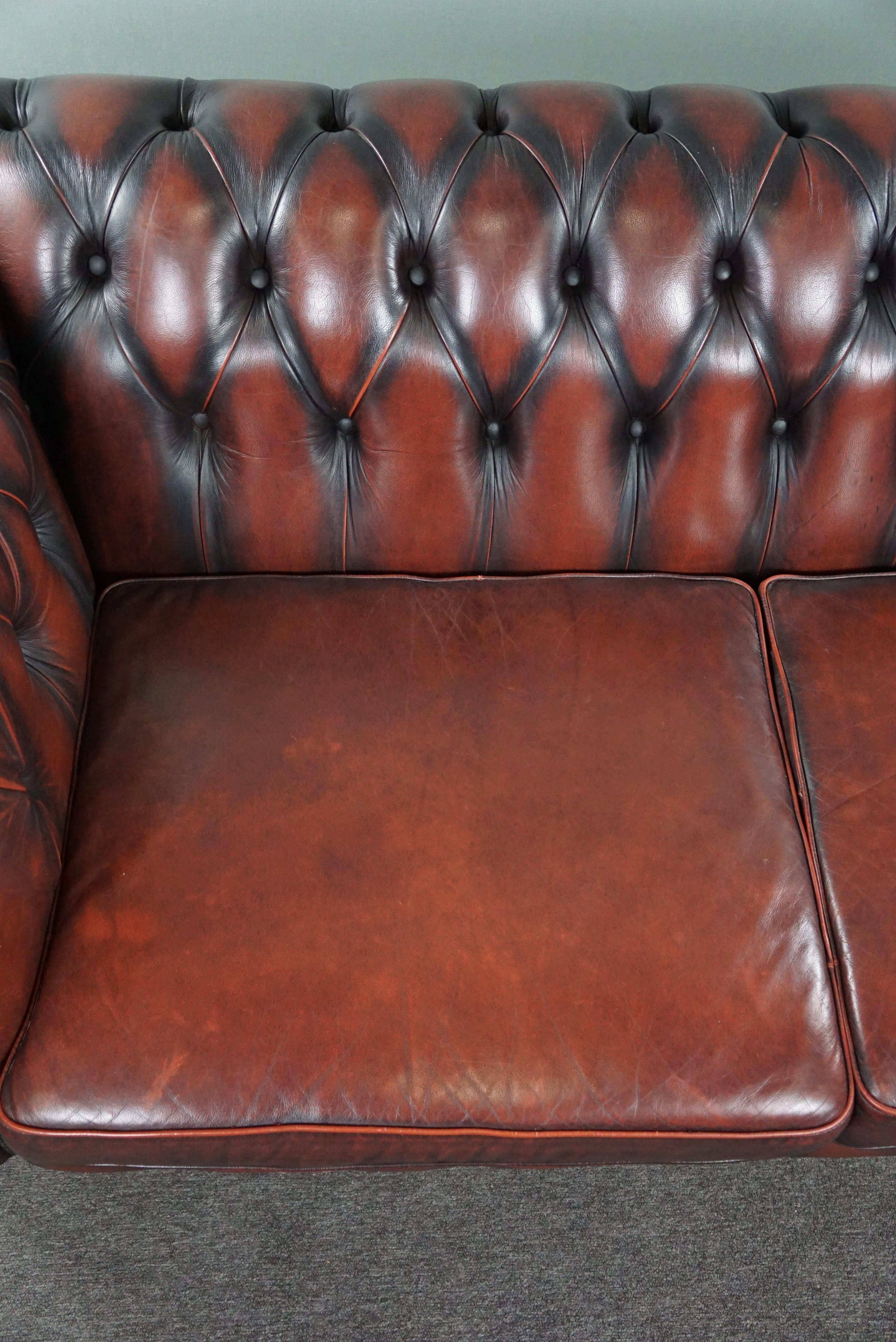 Cowhide Insanely colored red cow leather Chesterfield sofa, spacious 2 seater For Sale