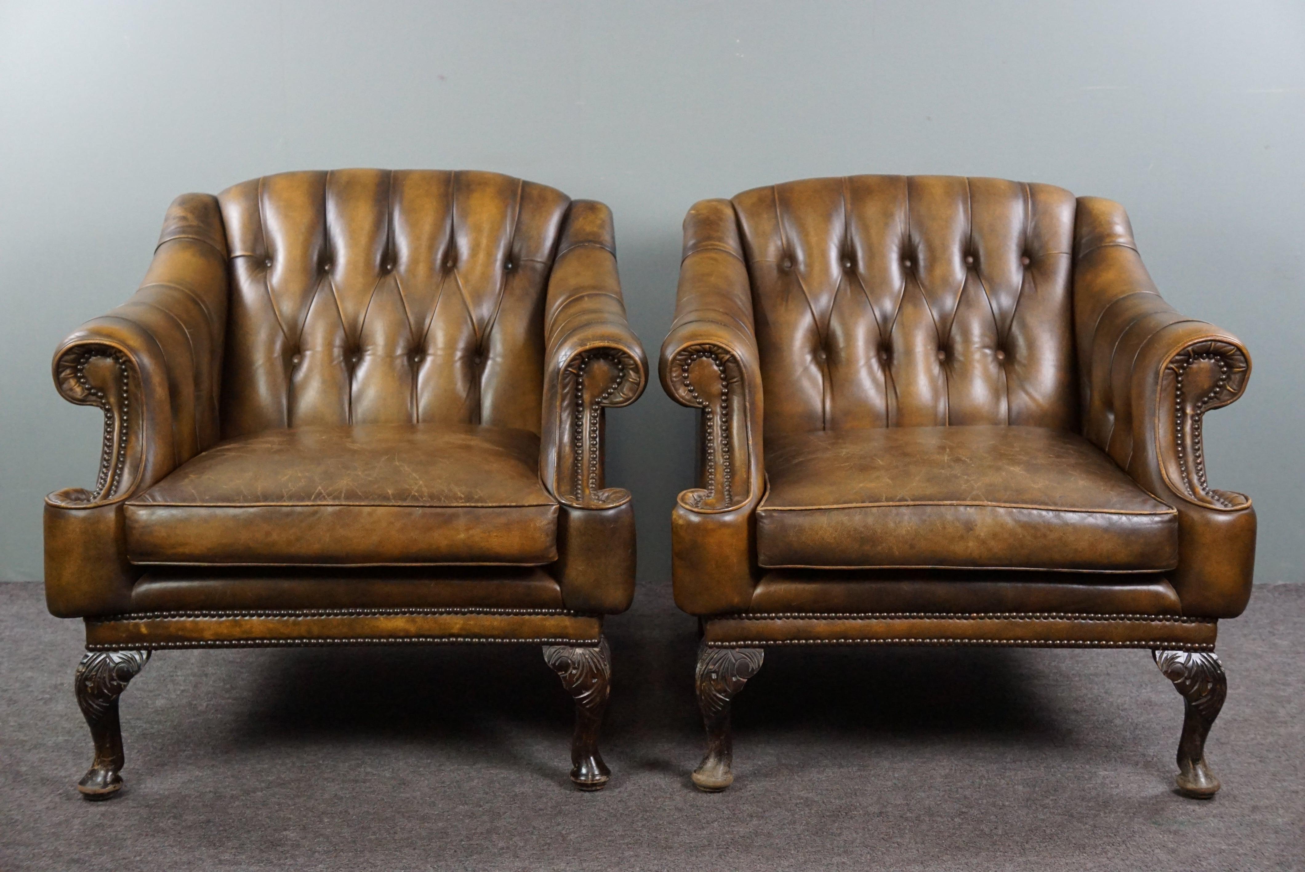 Insanely unique set of two cowhide leather Chesterfield armchairs/arm chairs In Good Condition For Sale In Harderwijk, NL