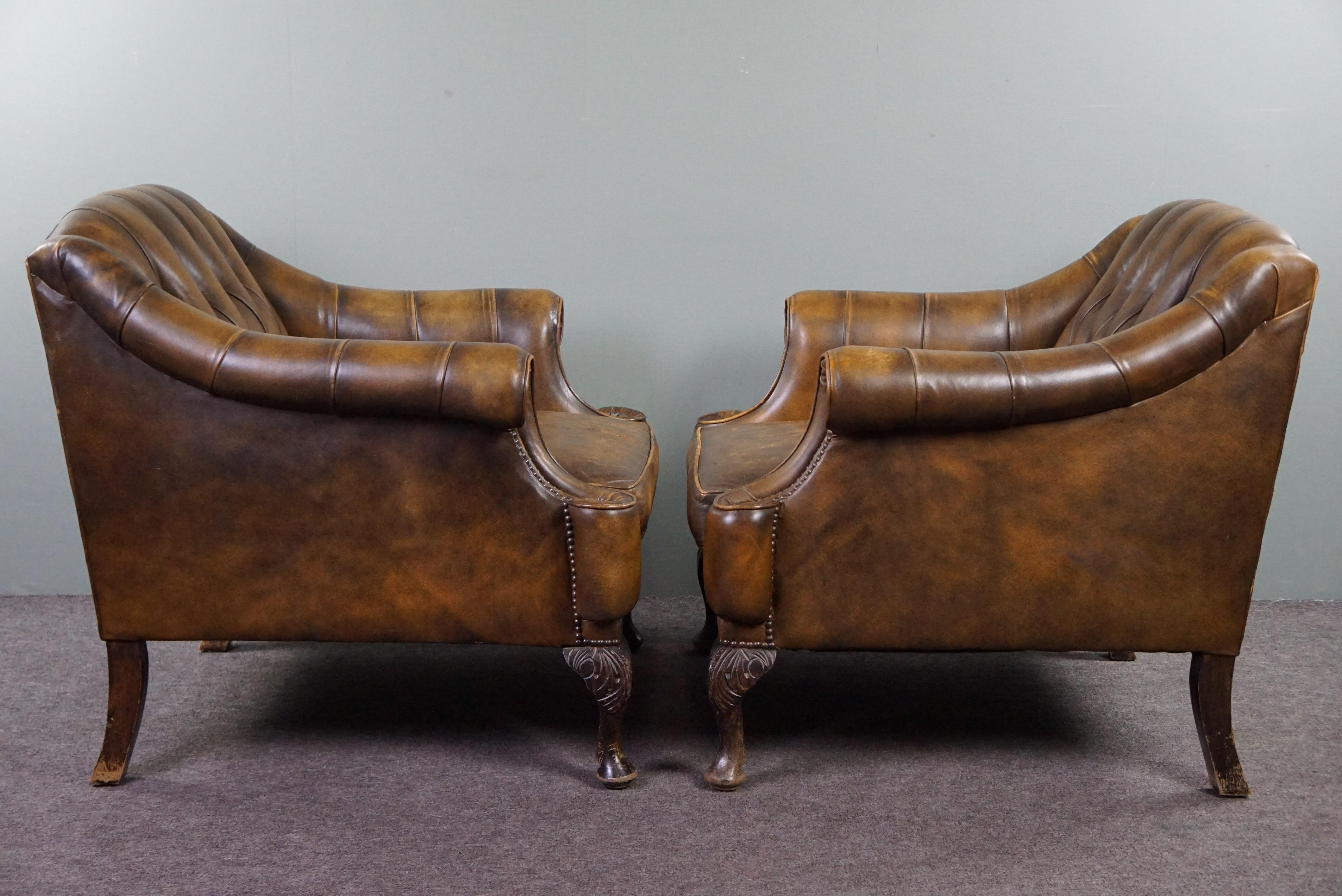 20th Century Insanely unique set of two cowhide leather Chesterfield armchairs/arm chairs For Sale