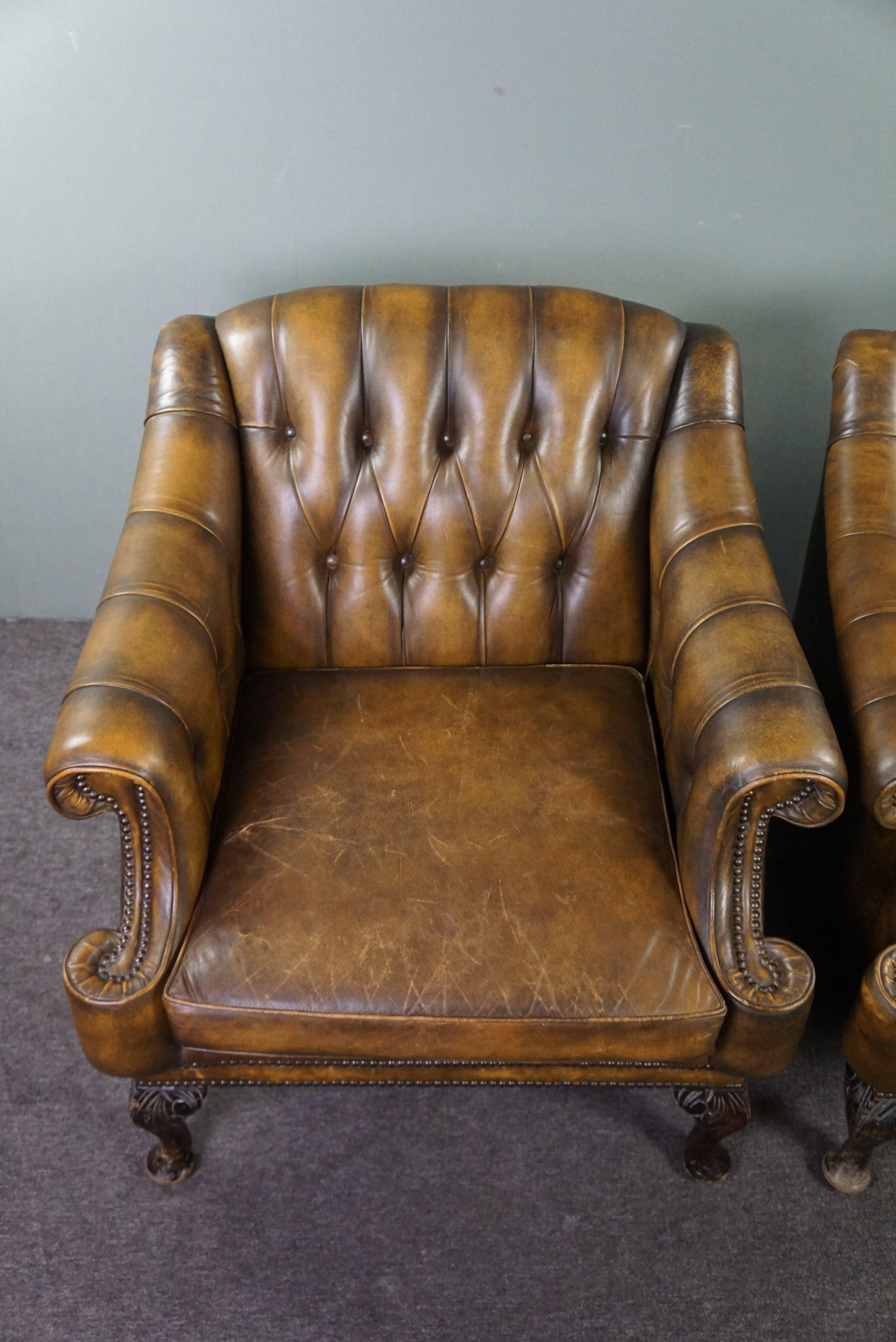 Insanely unique set of two cowhide leather Chesterfield armchairs/arm chairs For Sale 2
