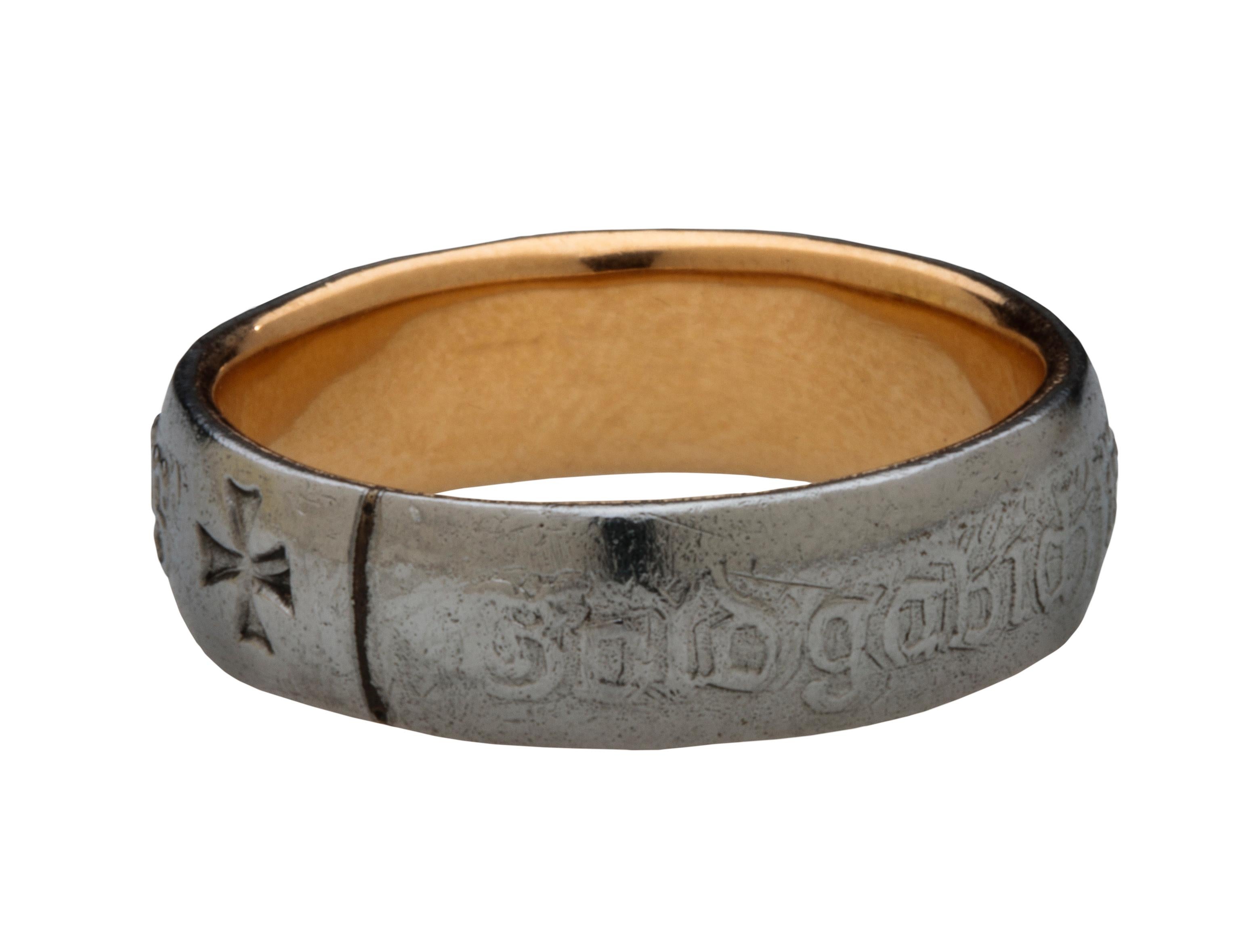 First World War (or Patriotic) Iron Ring with a Cross and Inscription “Gold gab ich für Eisen”
Austro-Hungarian Empire or Germany, circa 1914
Gold and Iron
Outer diameter 21 mm., width of band 6 mm.
Weight 4.2 gr., US size 7.75, UK size P 1/2

On