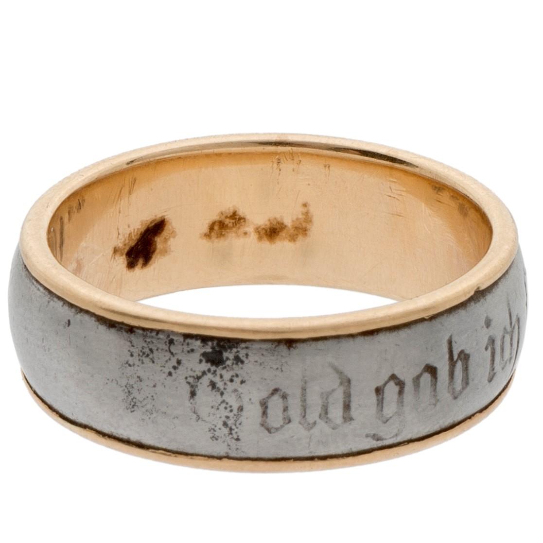 First World War (or Patriotic) Iron Ring “Gold gab ich für Eisen”
Austro-Hungarian Empire, circa 1919
Gold and Iron
Outer diameter 20 mm., width of band 7 mm.
Weight 3.6 gr., US size 6.5, UK size N

Just as wedding rings mark the commitment and