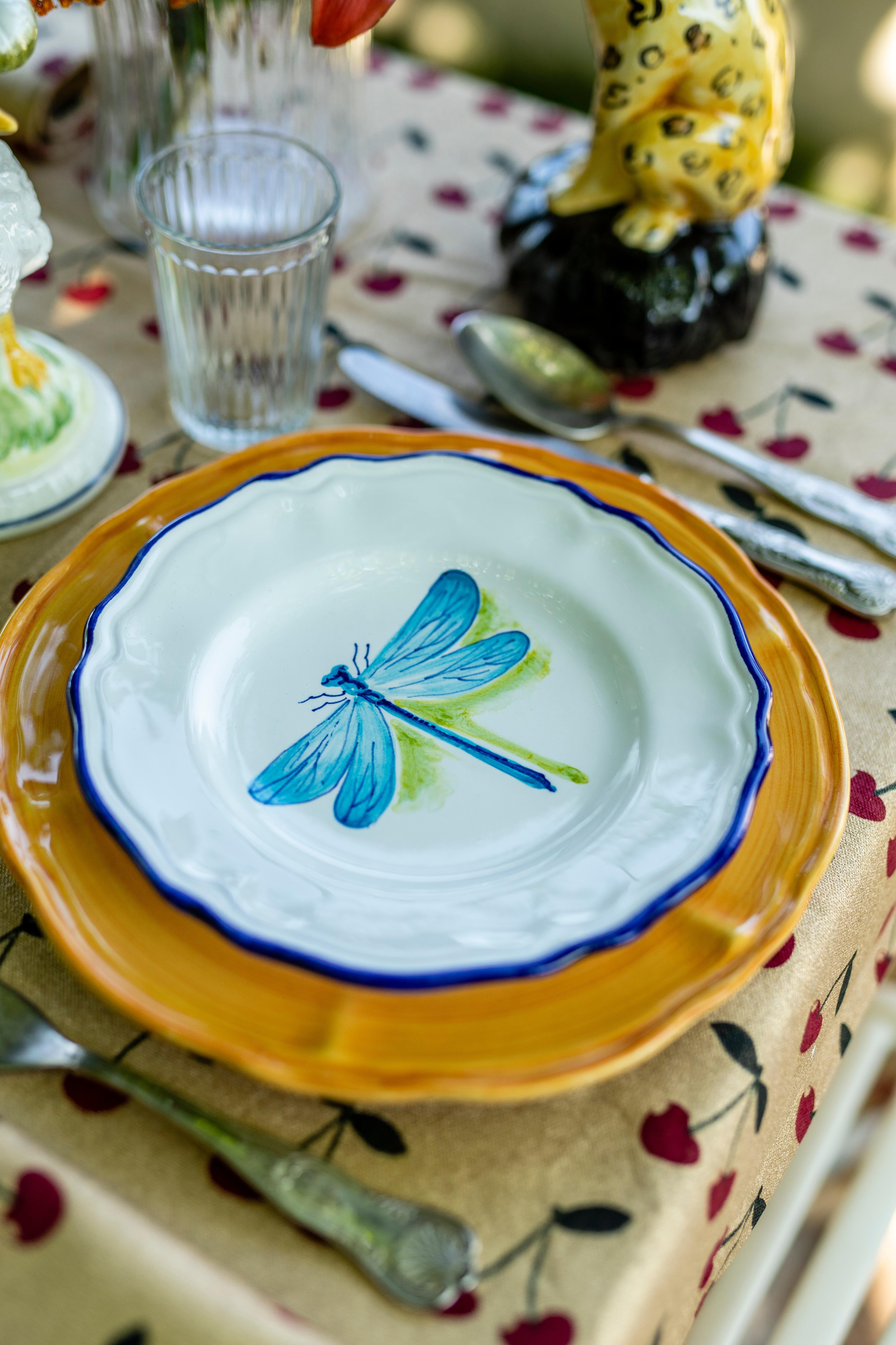 Italian Insect Handpainted Ceramic Dessert Plates Dragonfly For Sale