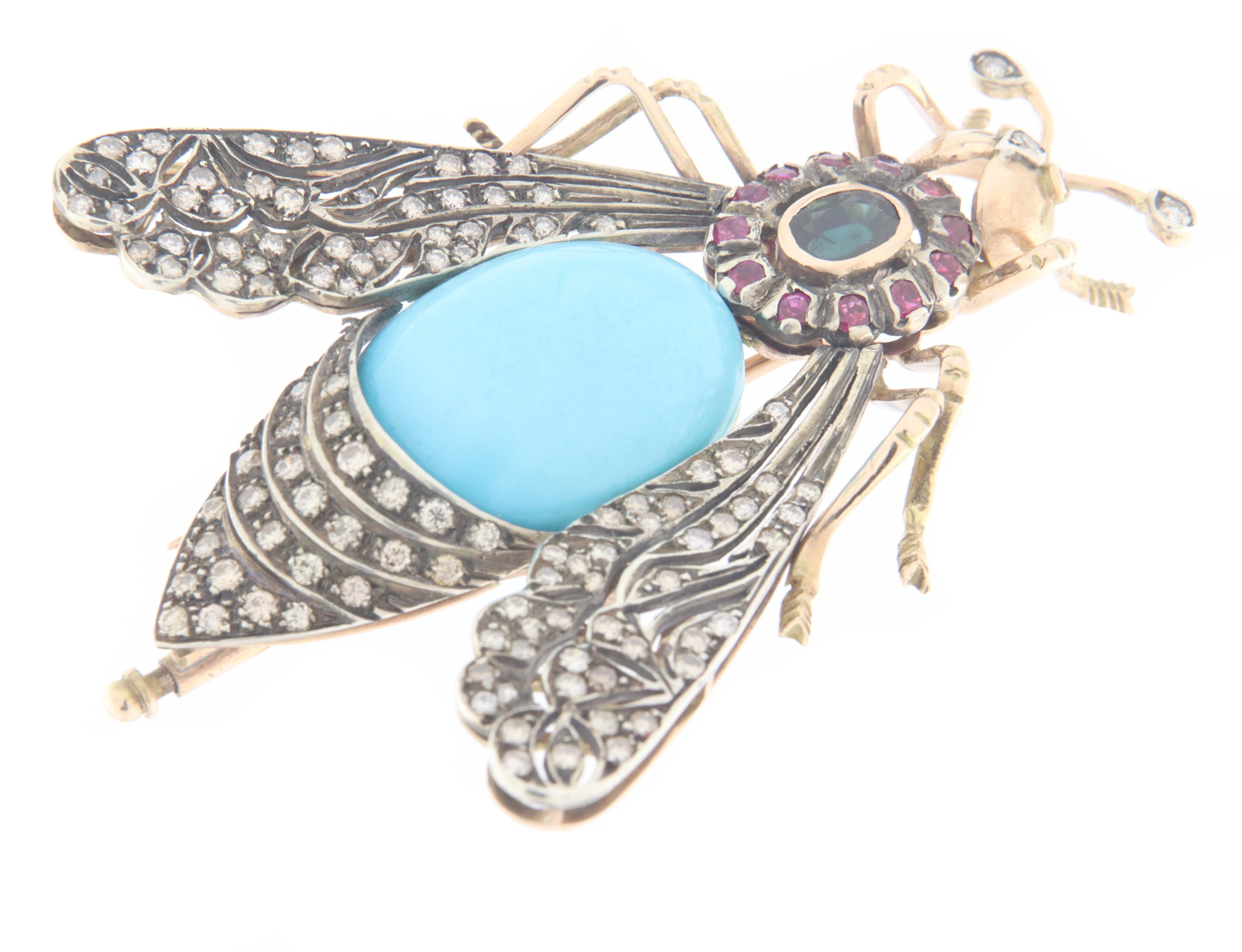 Insecto Rubíes Diamantes Zafiro Turquesa Broche de Oro Amarillo de 14 Kilates Artesano en venta