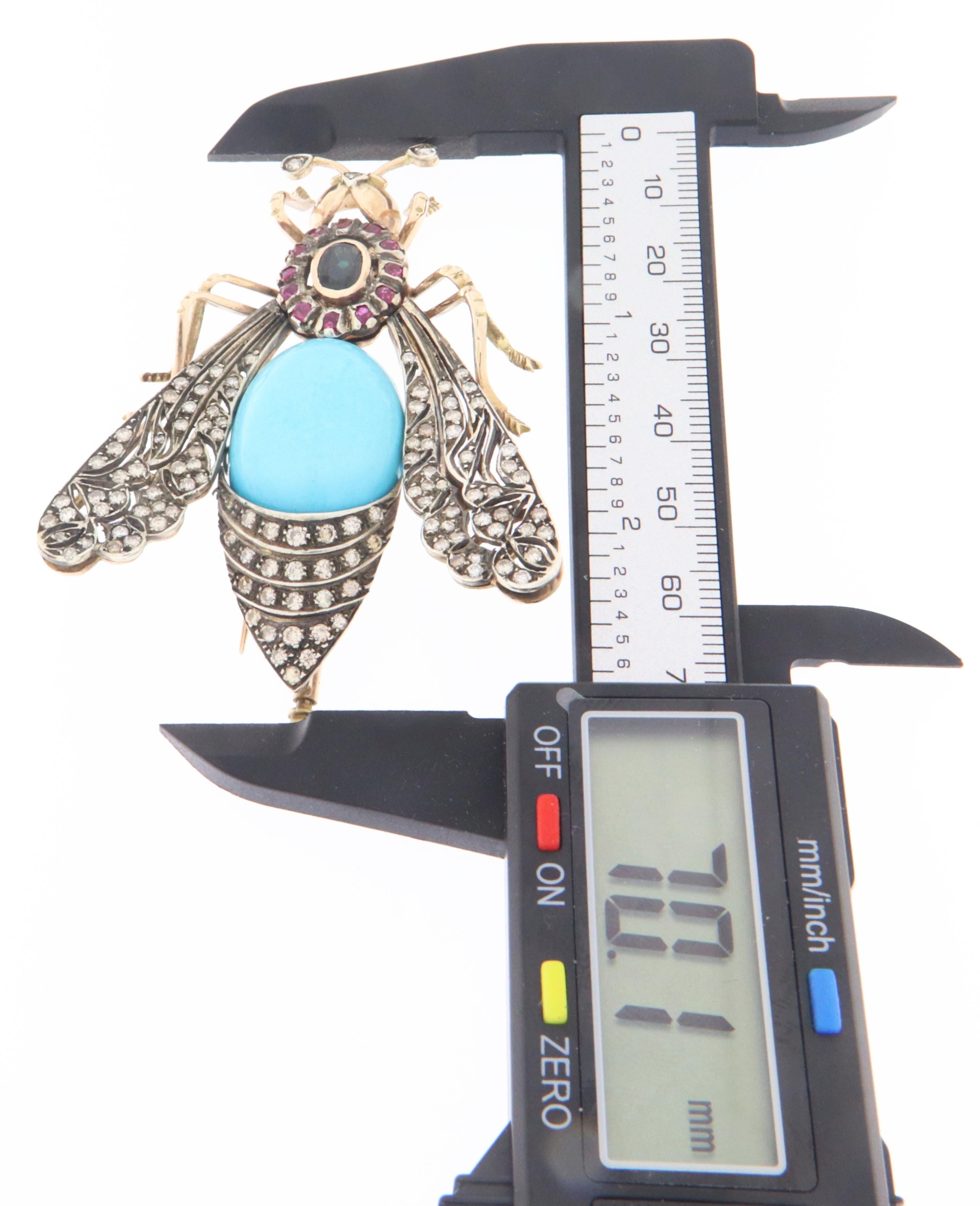 Insecto Rubíes Diamantes Zafiro Turquesa Broche de Oro Amarillo de 14 Kilates en Nuevo estado para la venta en Marcianise, IT