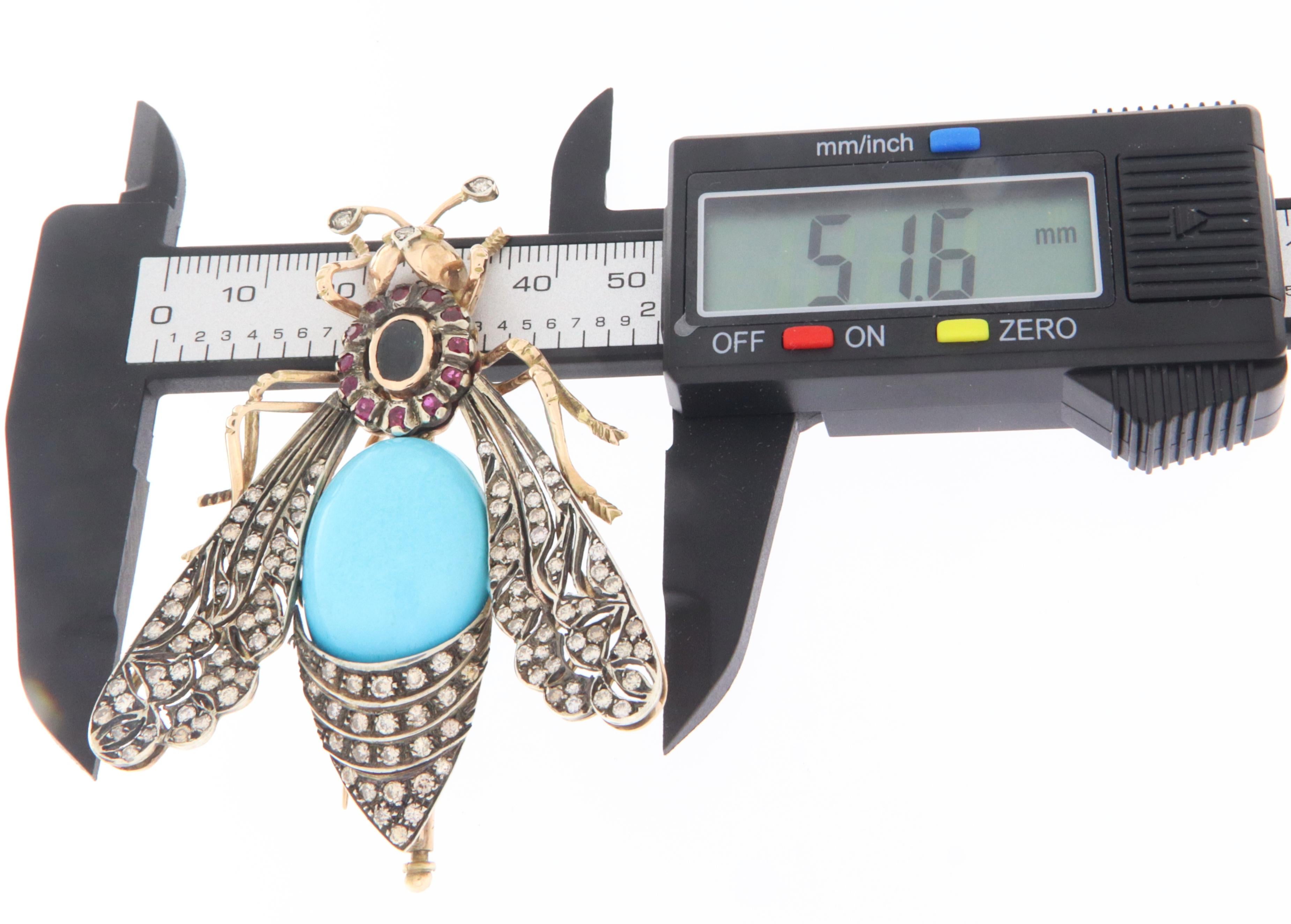 De las mujeres Insecto Rubíes Diamantes Zafiro Turquesa Broche de Oro Amarillo de 14 Kilates en venta