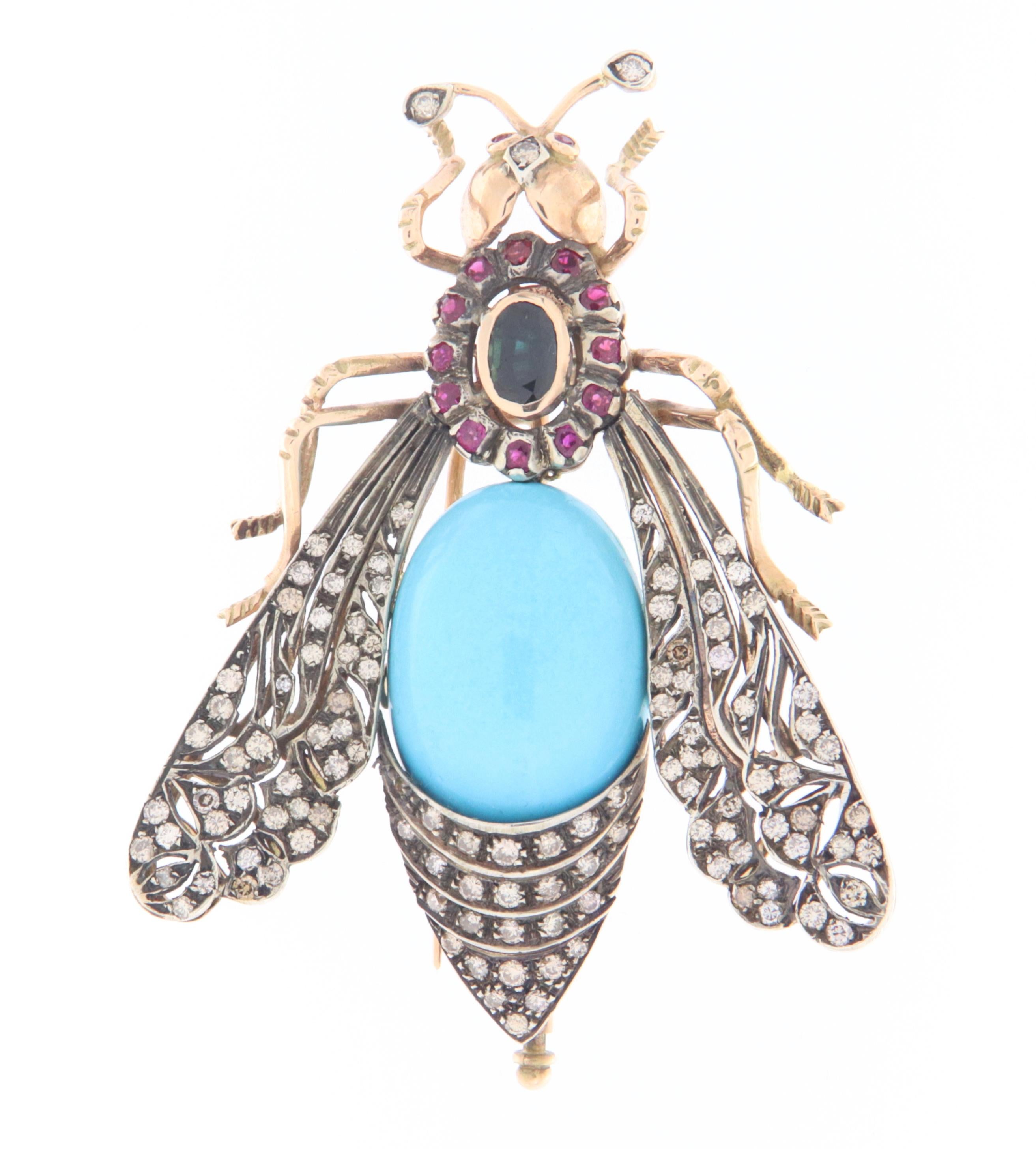 Insecto Rubíes Diamantes Zafiro Turquesa Broche de Oro Amarillo de 14 Kilates en venta 1