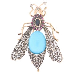 Insect Rubies Diamonds Sapphire Turquoise 14 Karat Yellow Gold Brooch