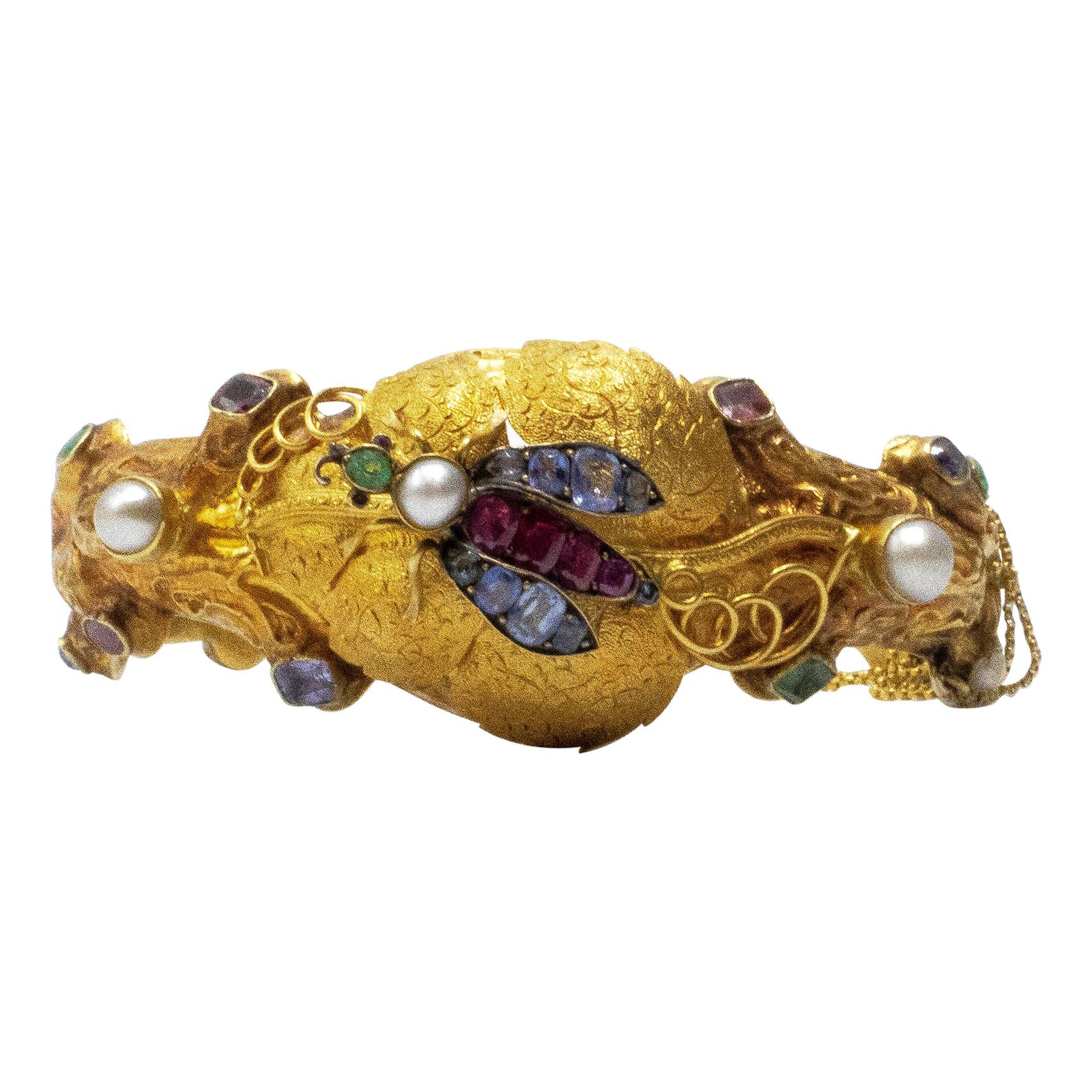 Ruby Emerald Sapphire Pearl Mixed Stone Bangle 18 Karat Gold Insect Bracelet For Sale