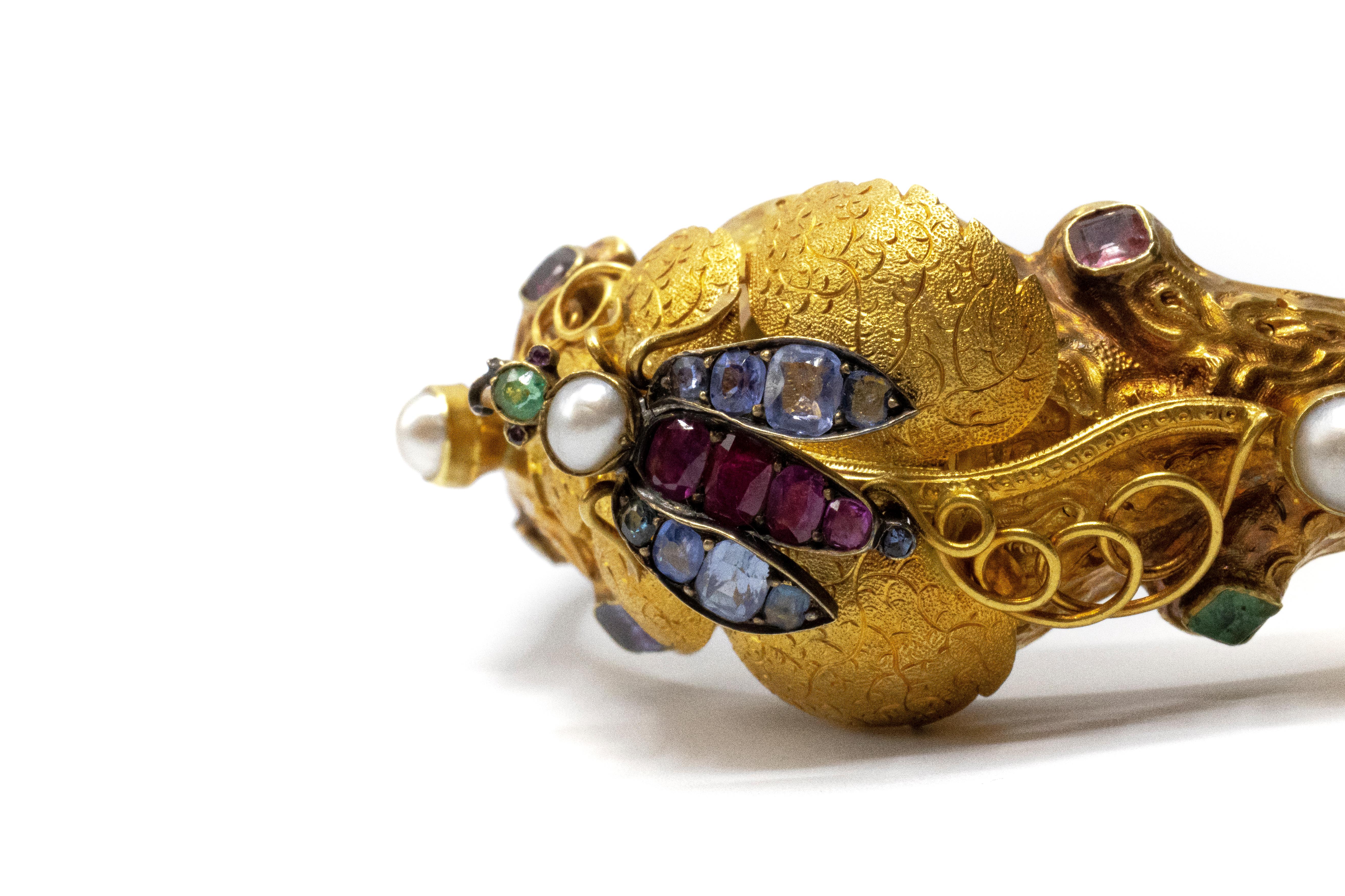 Victorian Ruby Emerald Sapphire Pearl Mixed Stone Bangle 18 Karat Gold Insect Bracelet For Sale