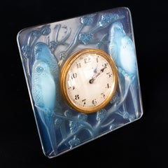 Inséparables, Blue Opalescent Glass, 8 Day Swiss Art Deco Clock by René Lalique