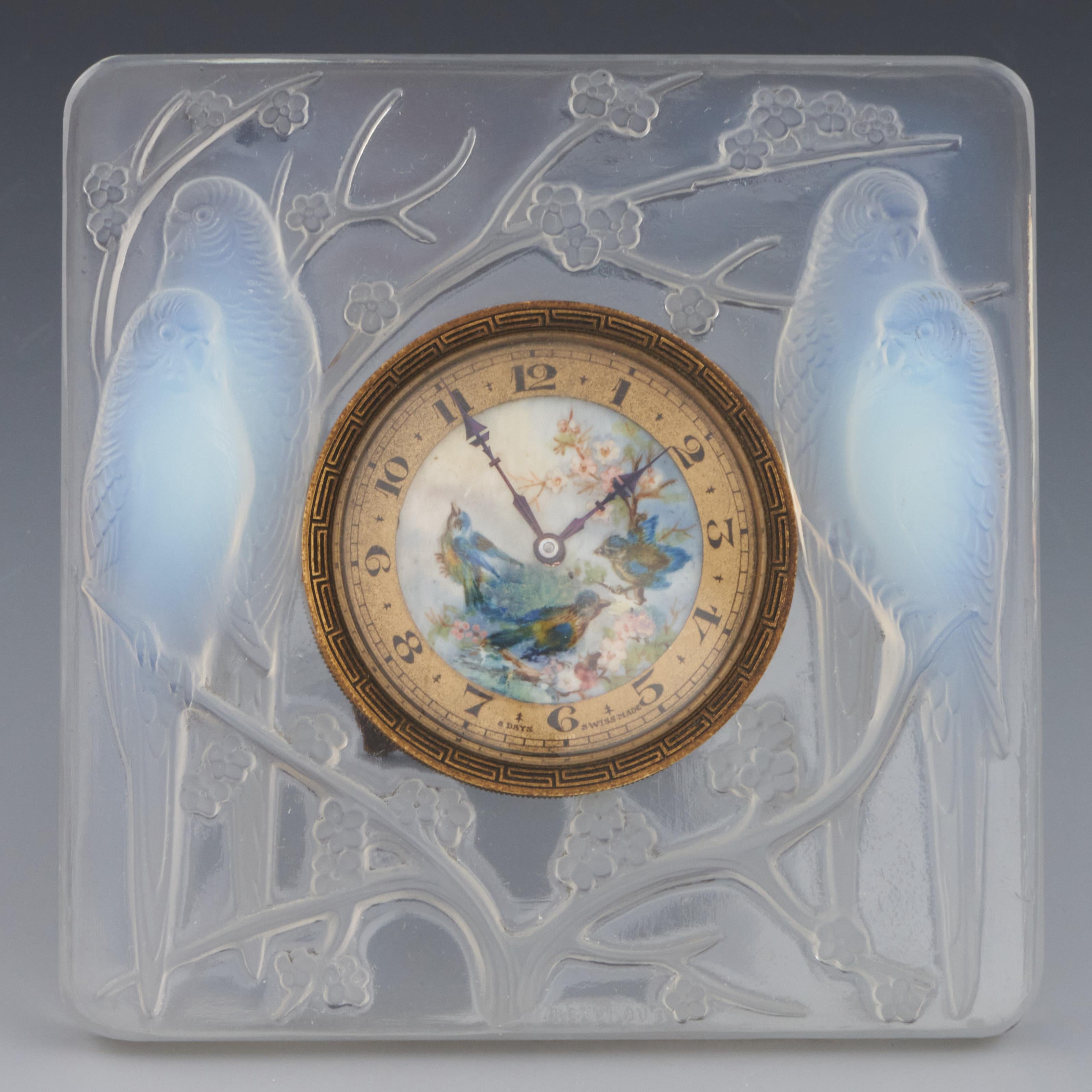 Art Deco 'Inseperables' an Oplaescent Glass Clock by Rene Lalique circa 1930 For Sale