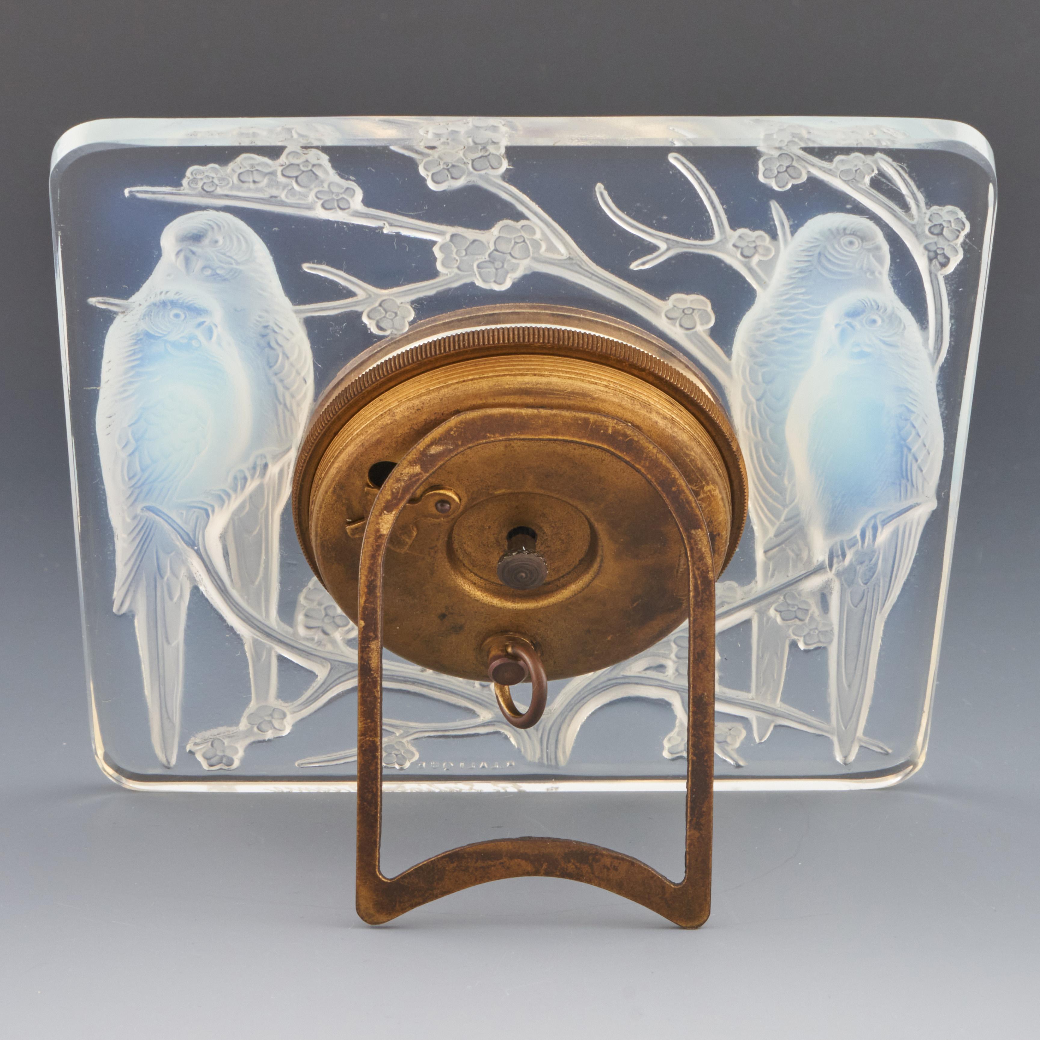 Enamel 'Inseperables' an Oplaescent Glass Clock by Rene Lalique circa 1930 For Sale