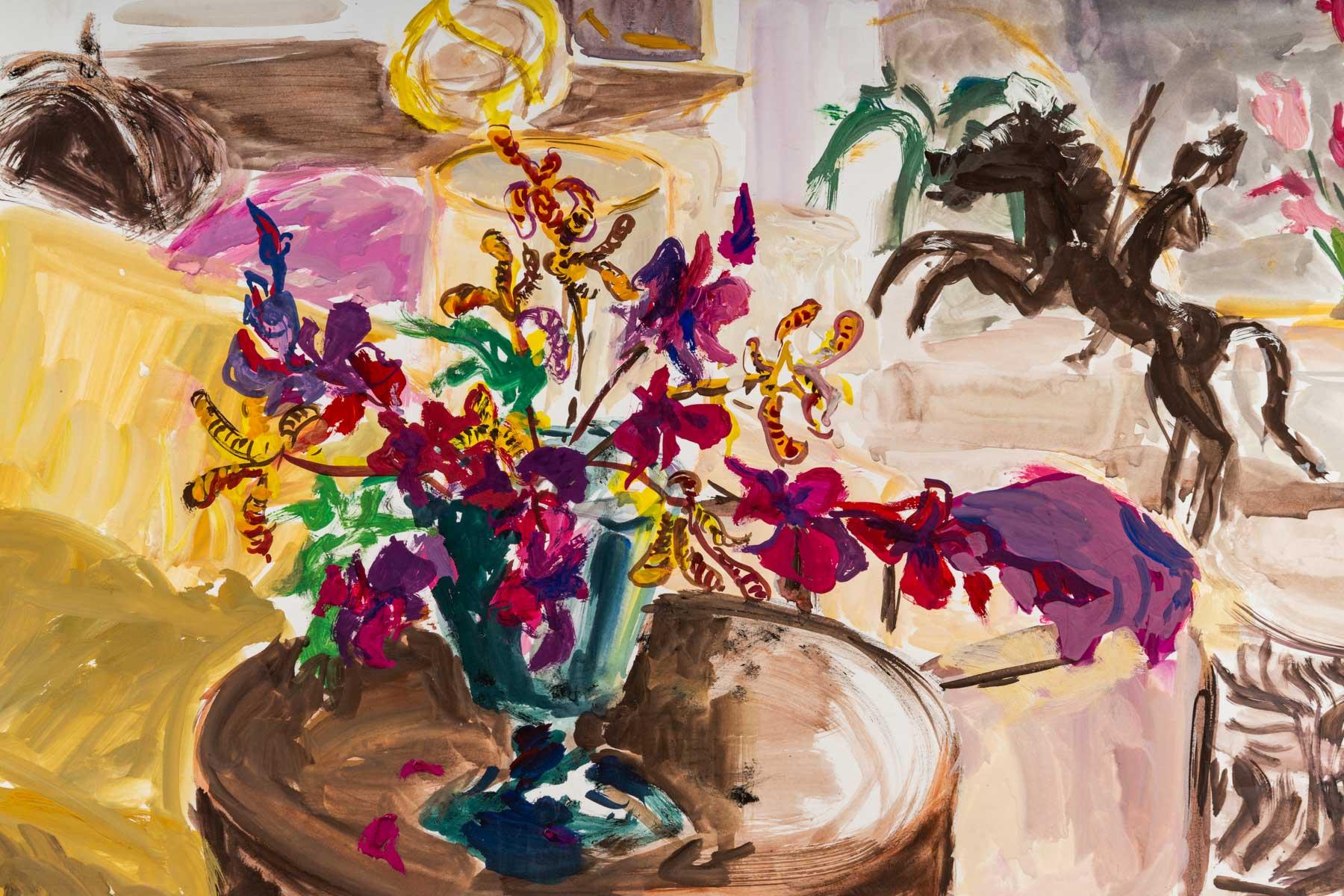 Painting on paper, Inside of a Bourgeois House with beautiful bouquet of flowers, Luez, 1990
Measures: H: 50 cm, W: 65 cm.