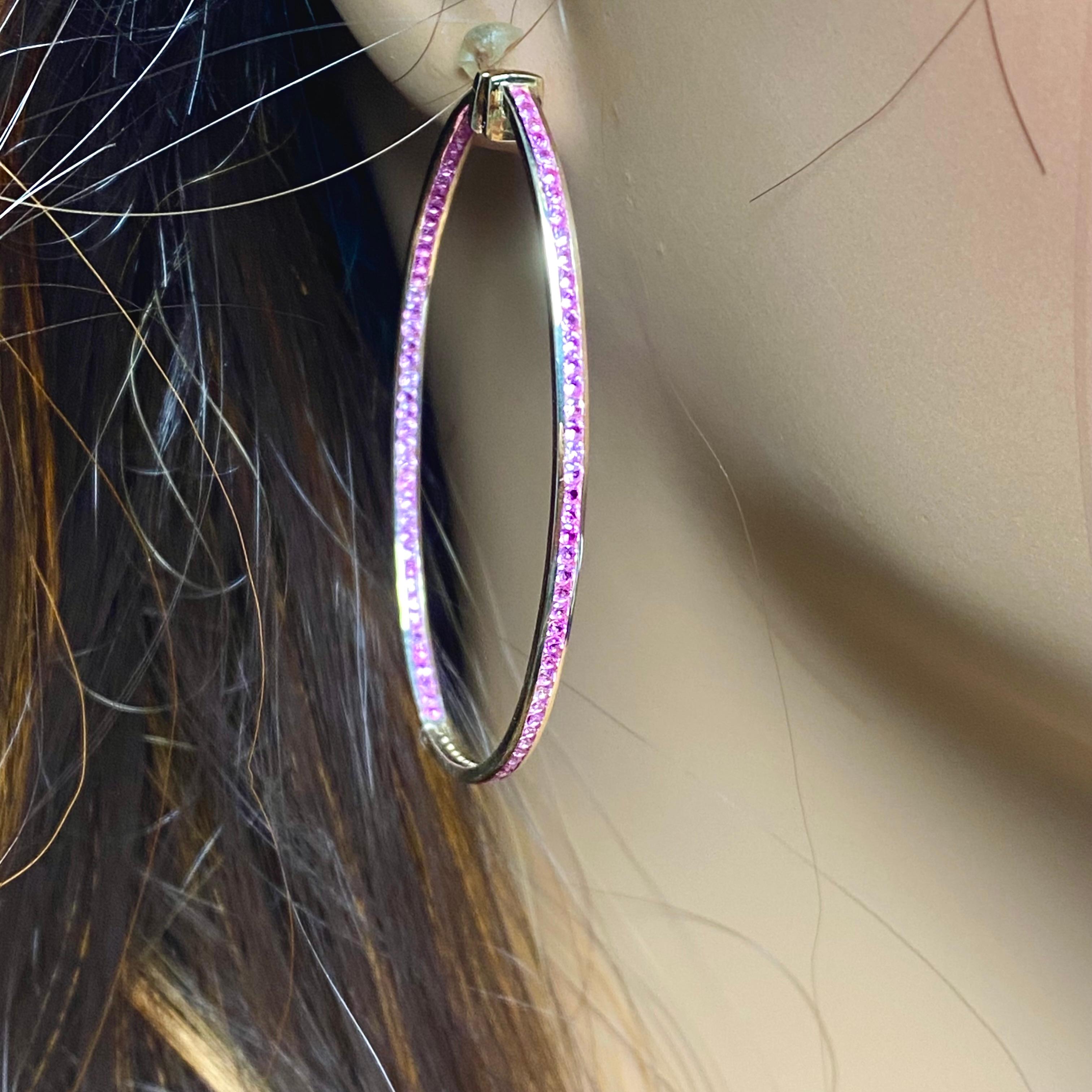 Inside Out 10 Carat Ceylon Pink Sapphire 2.5 Inch Yellow Gold Hoop Earrings  In New Condition For Sale In New York, NY
