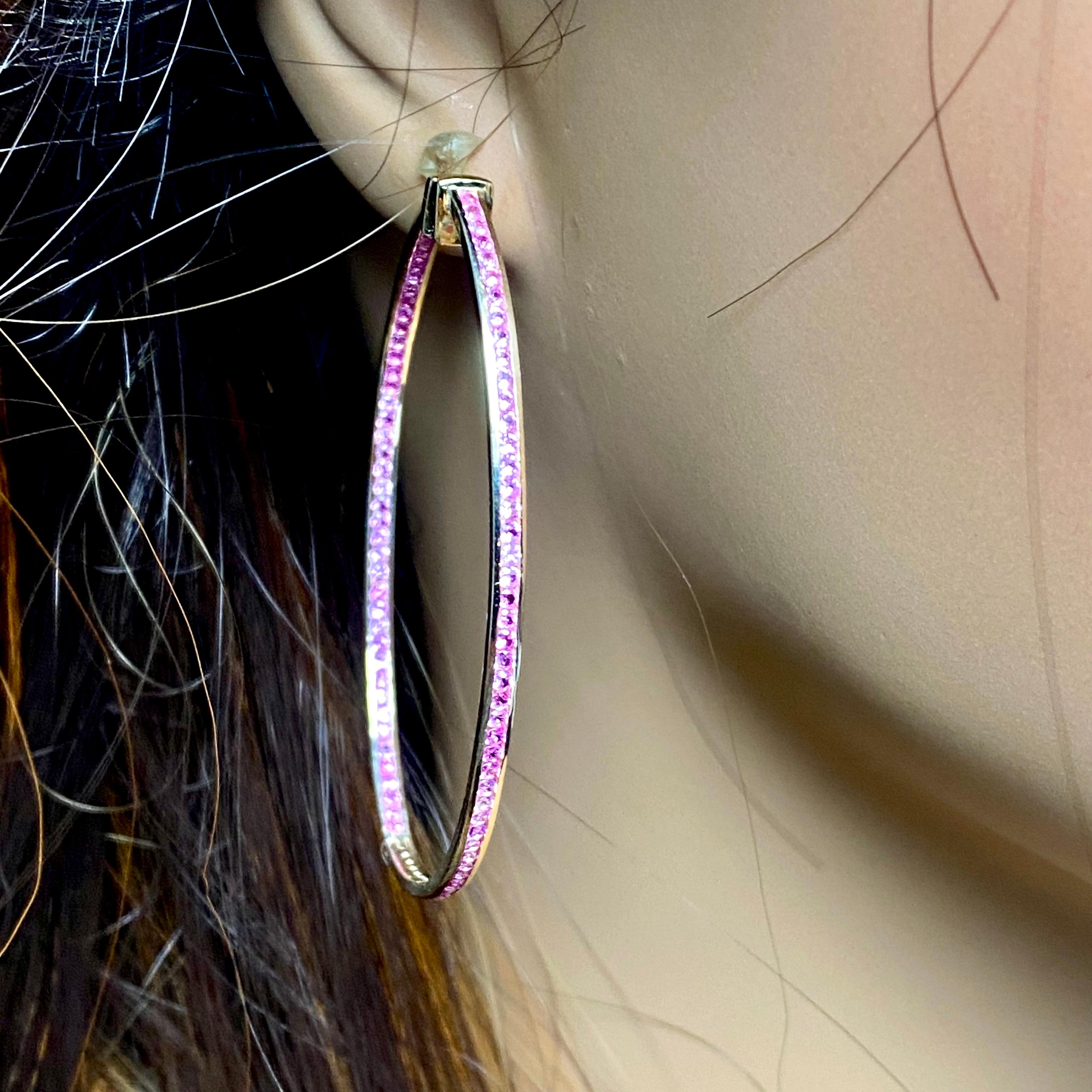 Women's or Men's Inside Out 10 Carat Ceylon Pink Sapphire 2.5 Inch Yellow Gold Hoop Earrings  For Sale