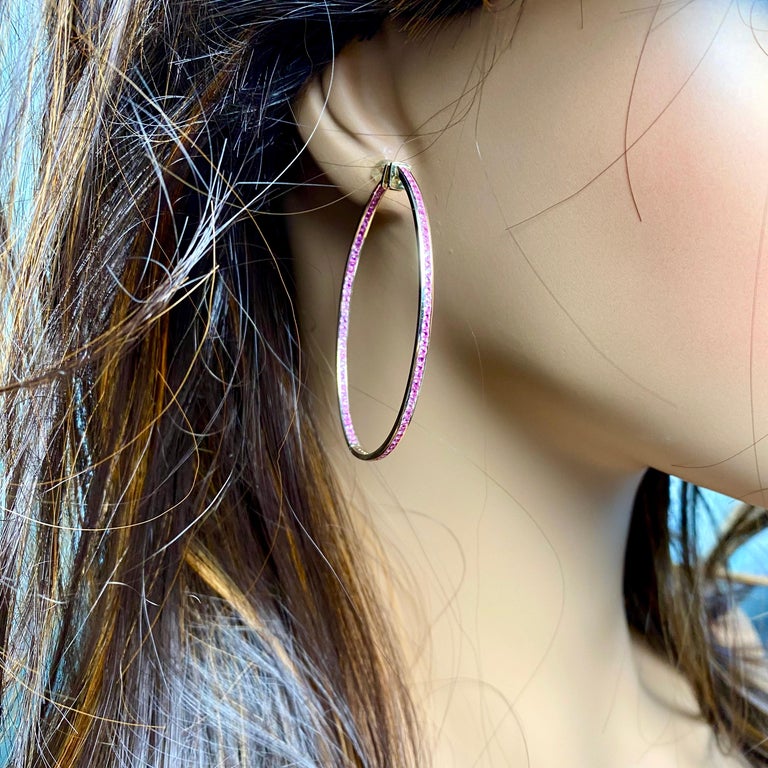 Inside Out 10 Carat Ceylon Pink Sapphire 2.5 Inch Yellow Gold Hoop