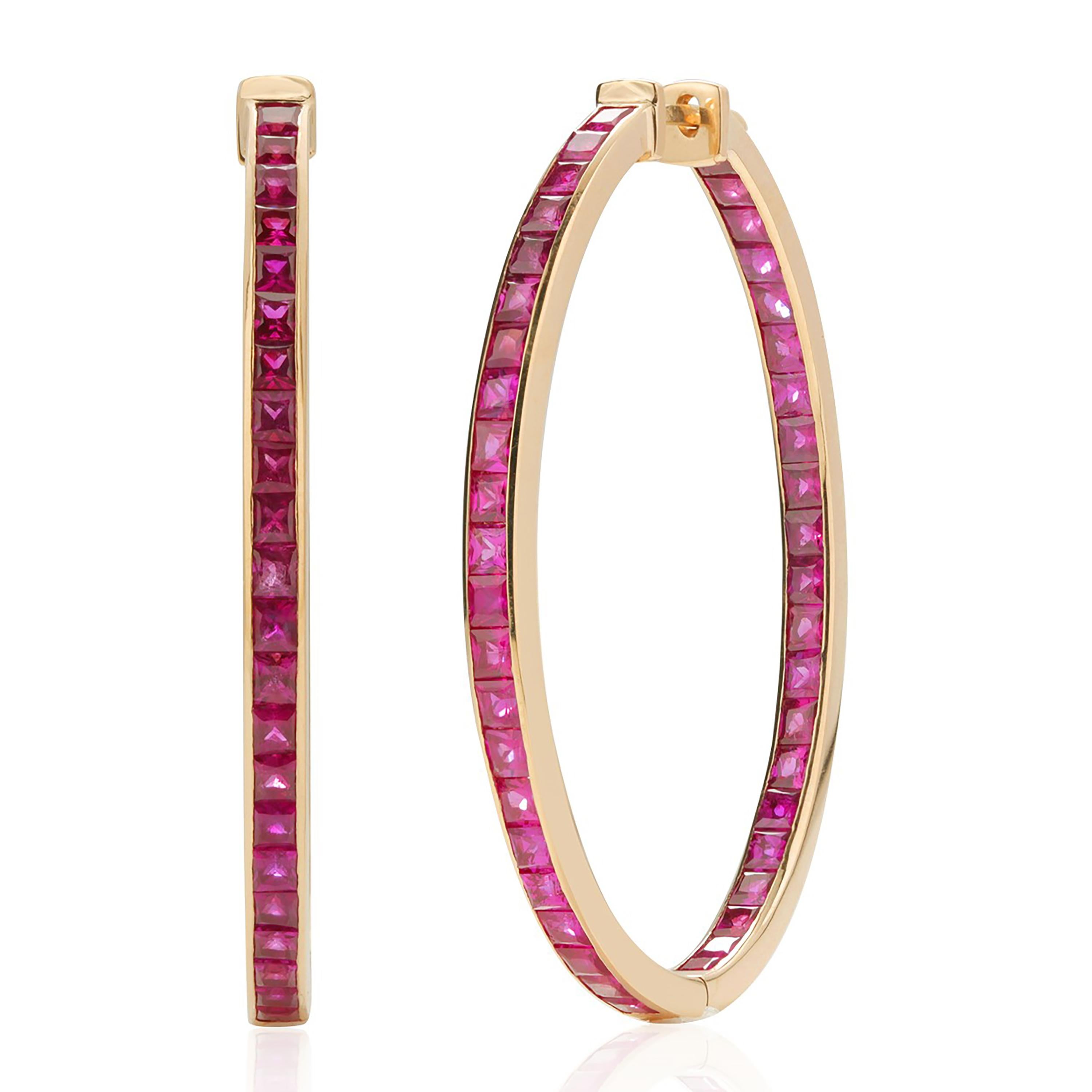 Inside Out 12 Carat Princess Burma Rubies 2 Inch Long Yellow Gold Hoop Earrings  In New Condition For Sale In New York, NY