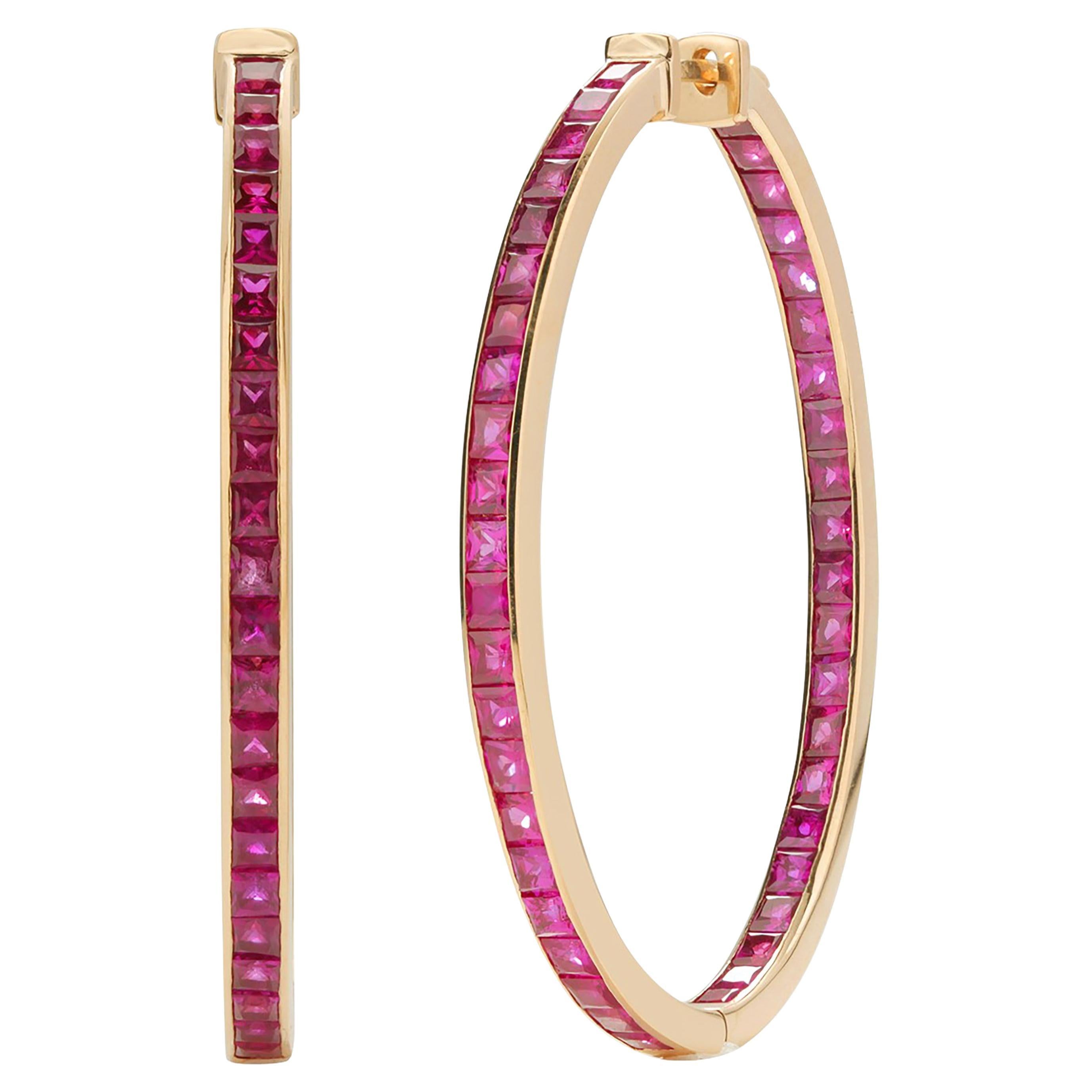 Inside Out 12 Carat Princess Burma Rubies 2 Inch Long Yellow Gold Hoop Earrings  For Sale