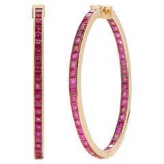 Inside Out 12 Carat Princess Burma Rubies 2 Inch Long Yellow Gold Hoop Earrings
