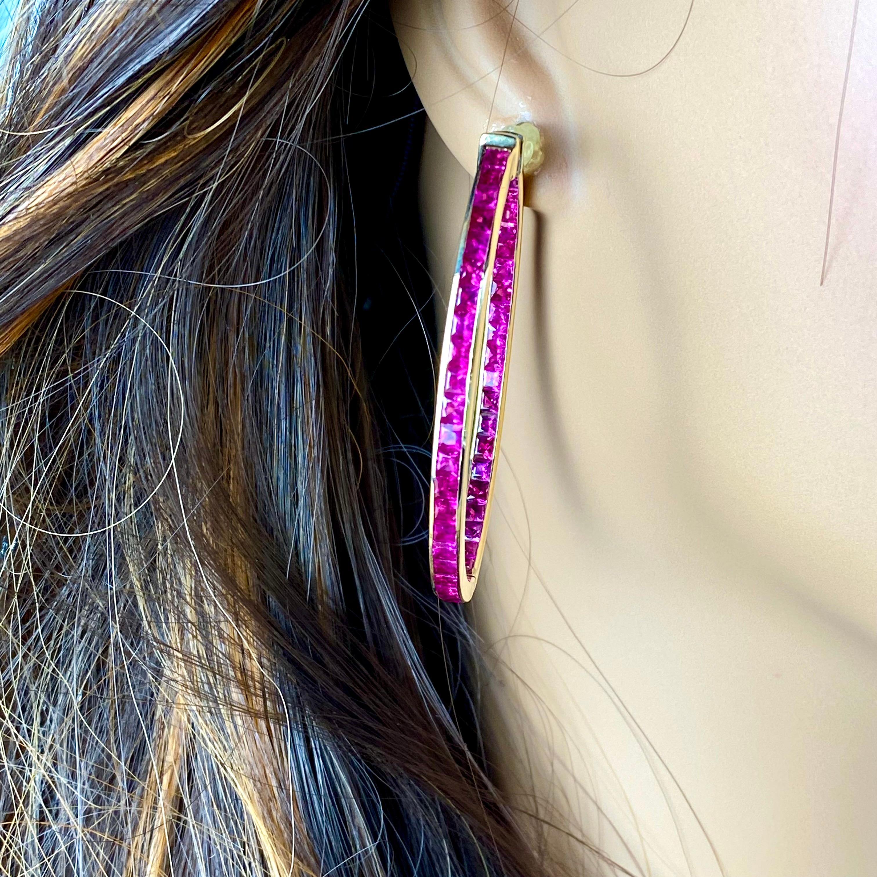 Inside Out 12 Carat Princess Burma Rubies 2 Inch Long Yellow Gold Hoop Earrings  For Sale 3