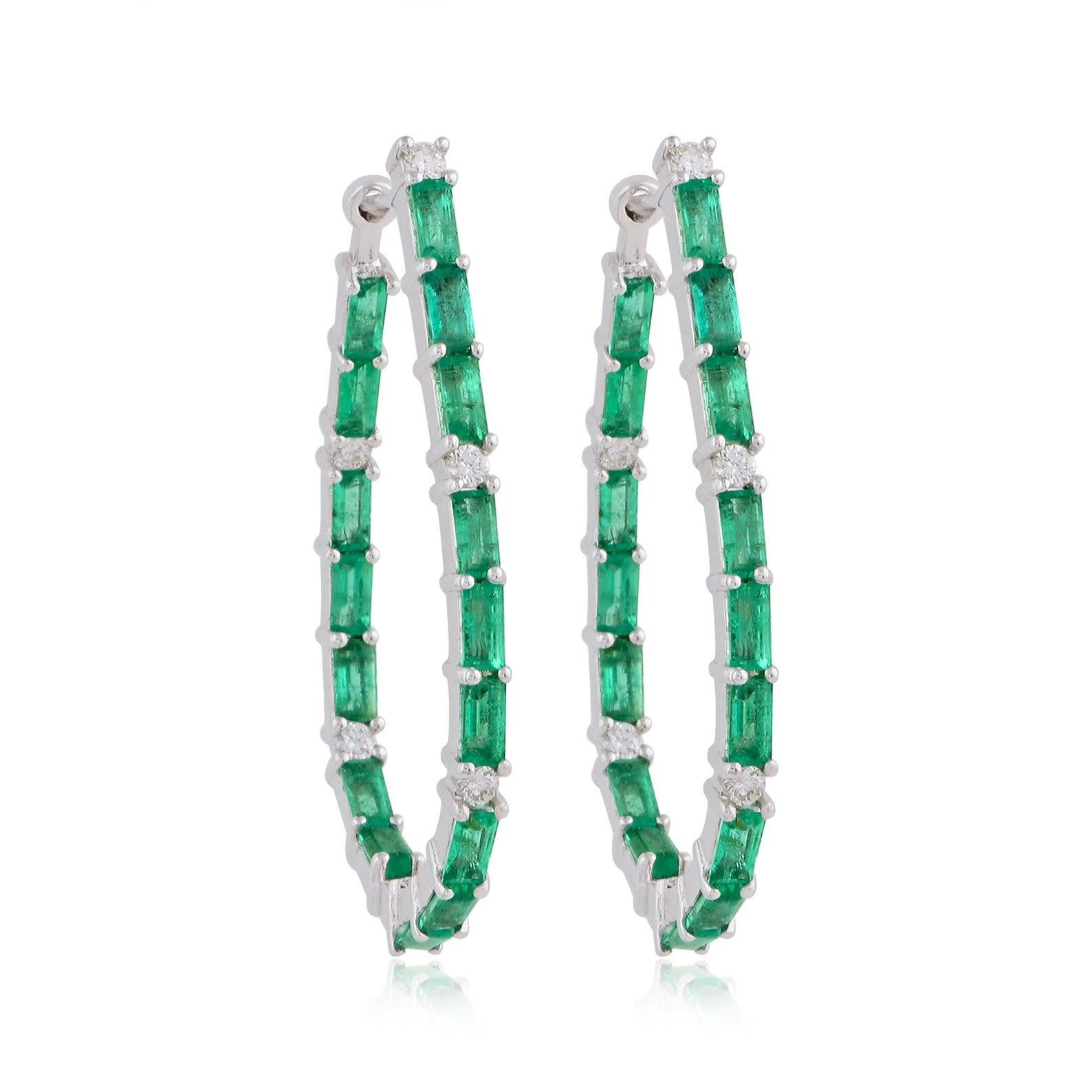 Baguette Cut Inside Out Baguette Emerald Diamond 14 Karat Gold Hoop Earrings For Sale