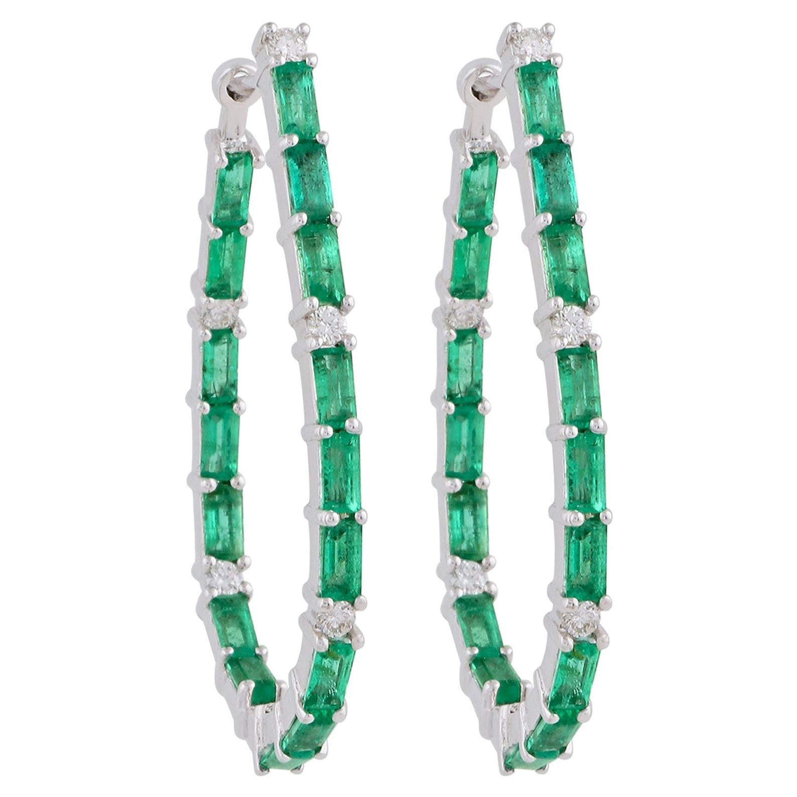 Inside Out Baguette Emerald Diamond 14 Karat Gold Hoop Earrings For Sale