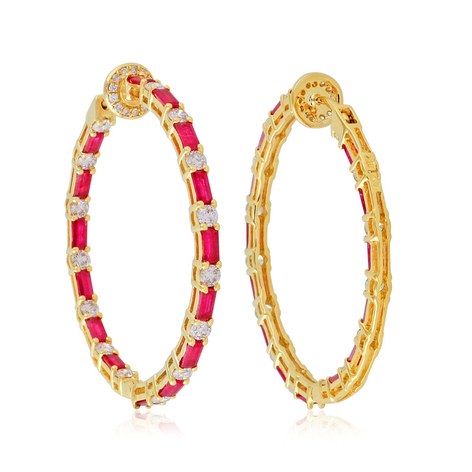 Cast in 14-karat gold, these beautiful inside out hoop earrings are hand set with 3.63 carats of baguette ruby and 1.85 carats of sparkling diamonds. 

FOLLOW  MEGHNA JEWELS storefront to view the latest collection & exclusive pieces.  Meghna Jewels