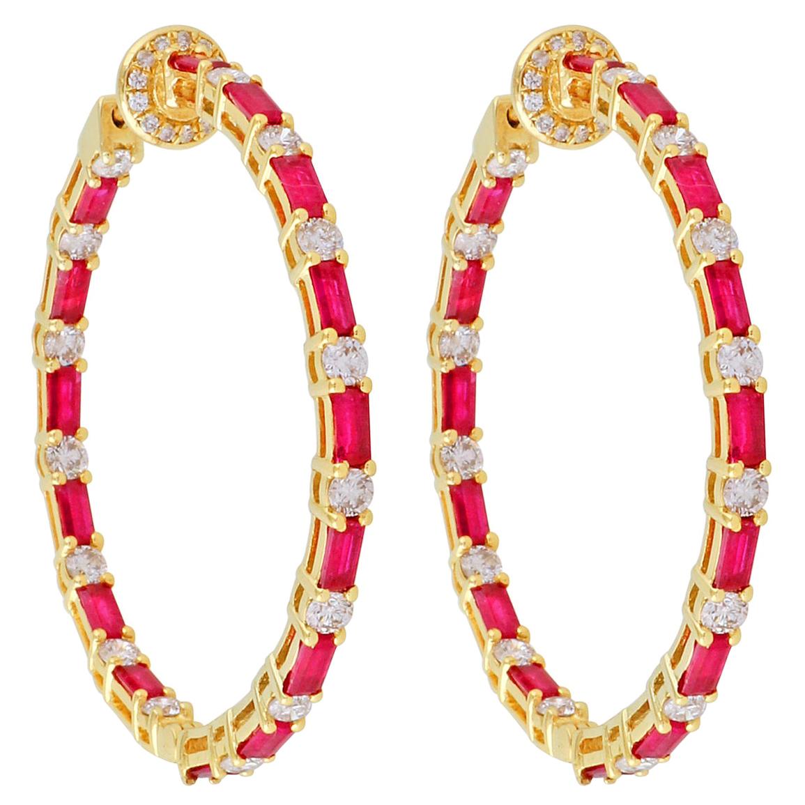 Inside Out Baguette Ruby Diamond 14 Karat Gold Hoop Earrings For Sale