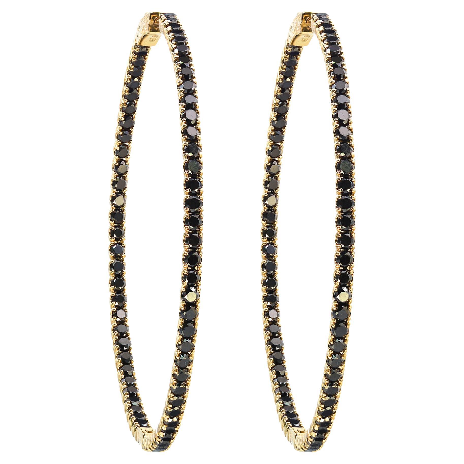 Inside Out Black Diamond Large Hoop Earrings 14K Yellow Gold 4.85cttw For Sale