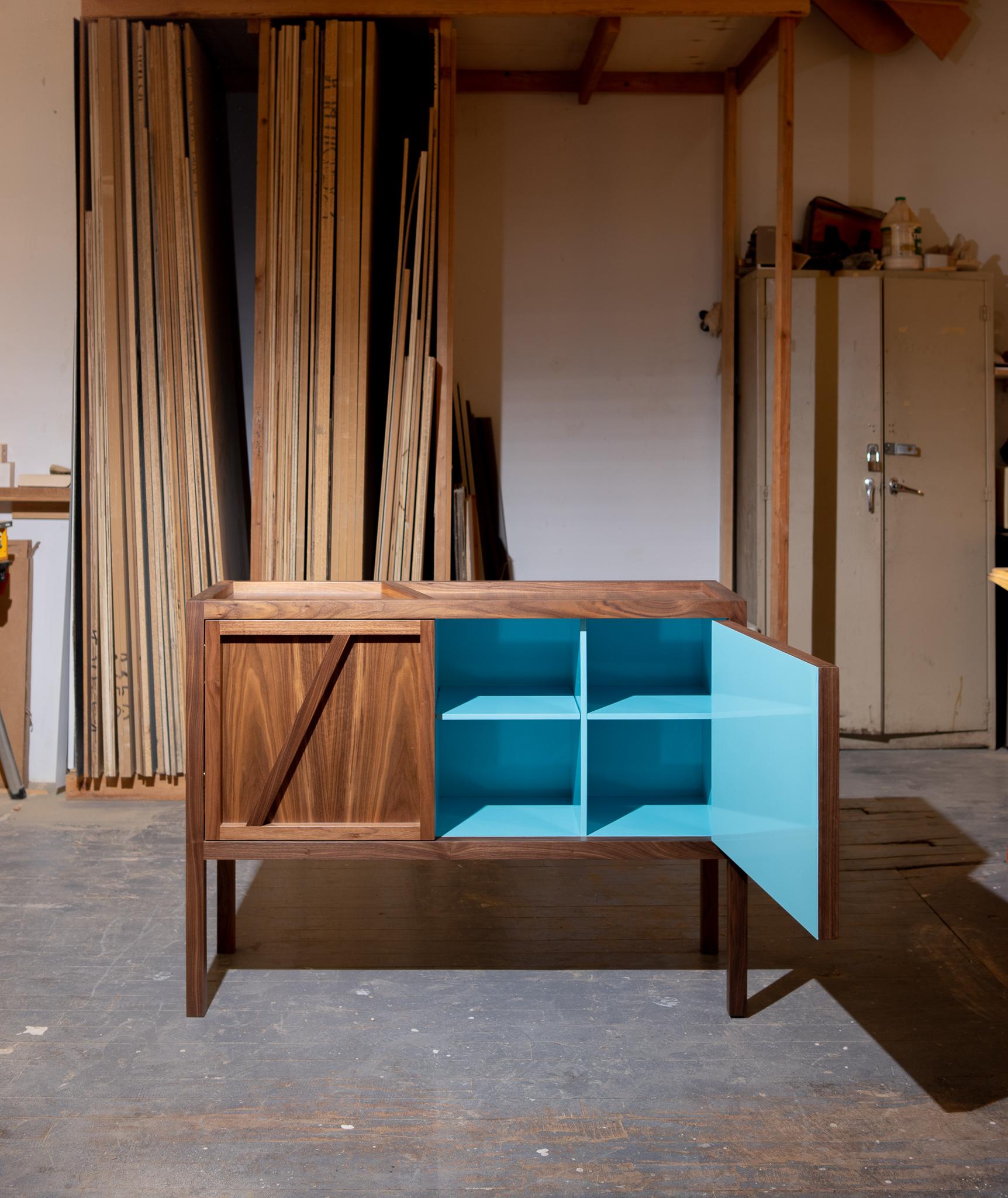 Sideboard Cabinet: Inside-Out Corto, Lacquer Blue Walnut Interior, IN STOCK NOW In Excellent Condition For Sale In Brooklyn, NY