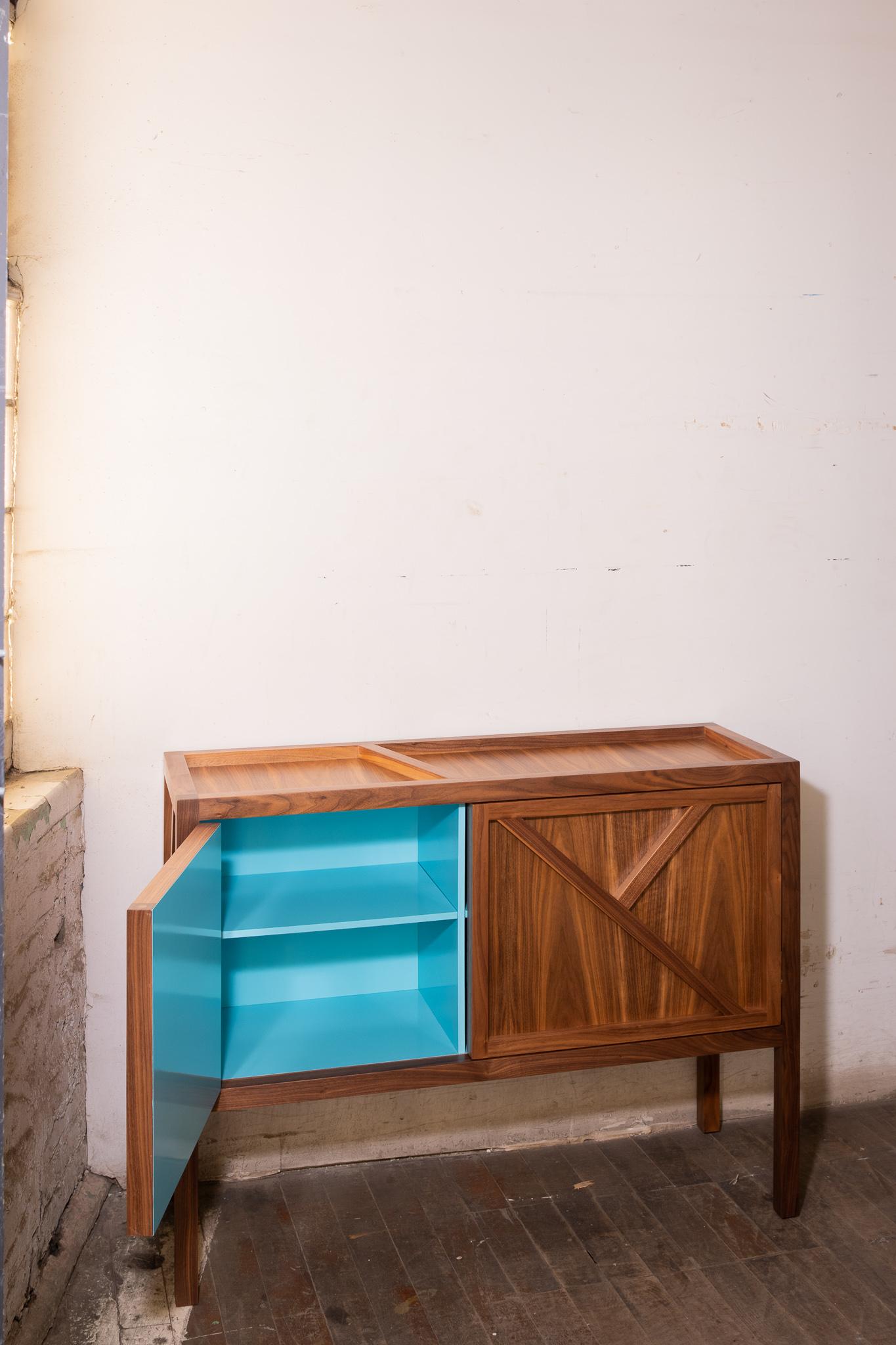 Wood Sideboard Cabinet: Inside-Out Corto, Lacquer Blue Walnut Interior, IN STOCK NOW For Sale