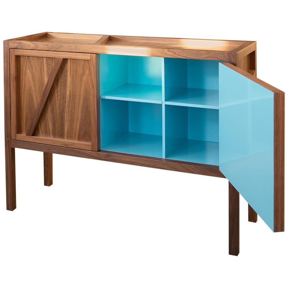Inside-Out Corto, Sideboard Cabinet, Fine Lacquer Cerulean Blue Walnut Credenza