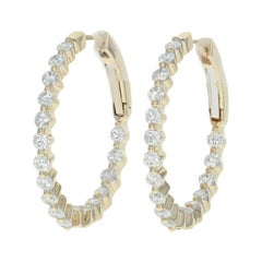Inside-Out Diamond Hoop Earrings, 14 Karat Gold Pierced Round Cut 1.49 Carat