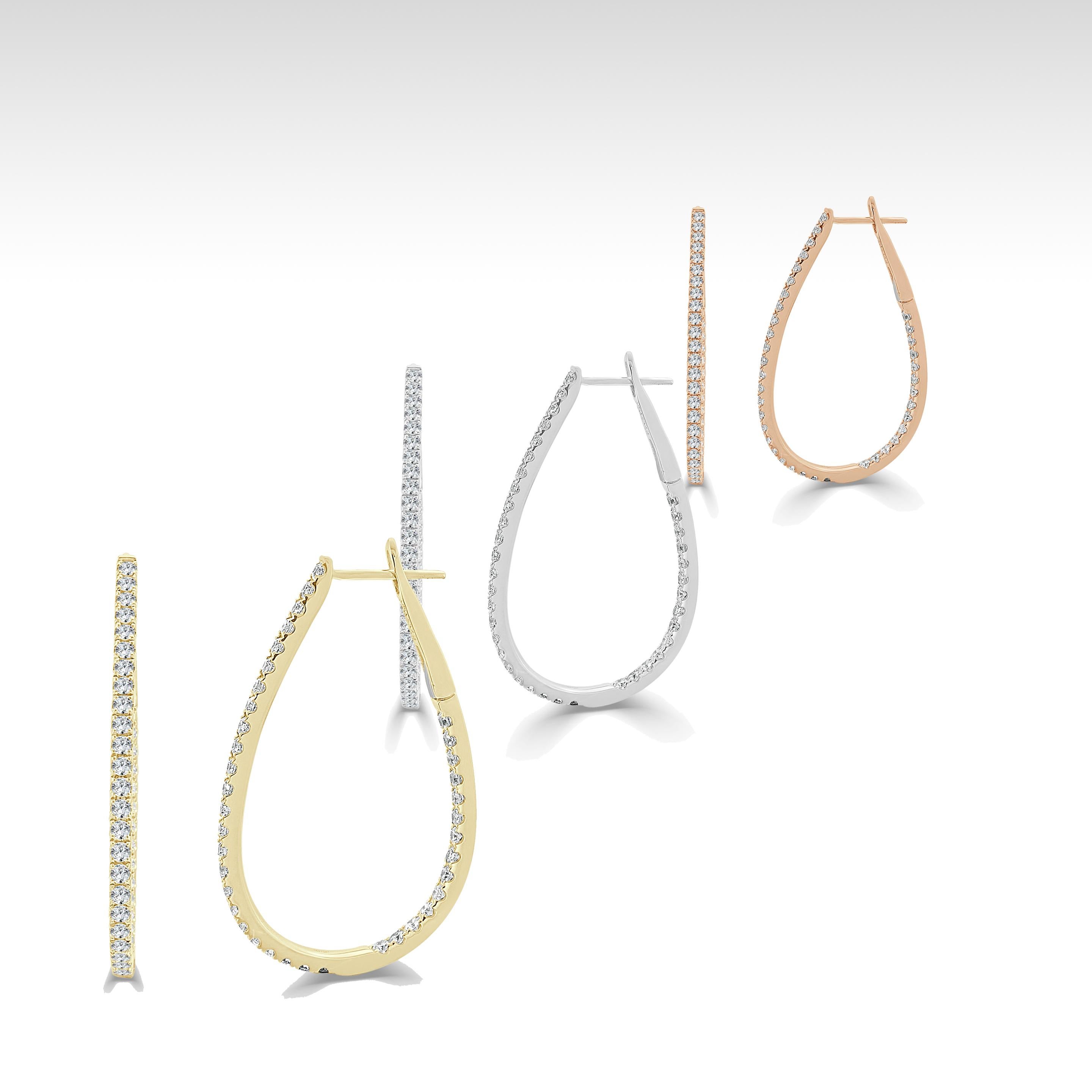 Women's or Men's Inside Out Diamond Pear Hoop Earrings 1.30 Ct TDW Regular 14K Gold For Sale