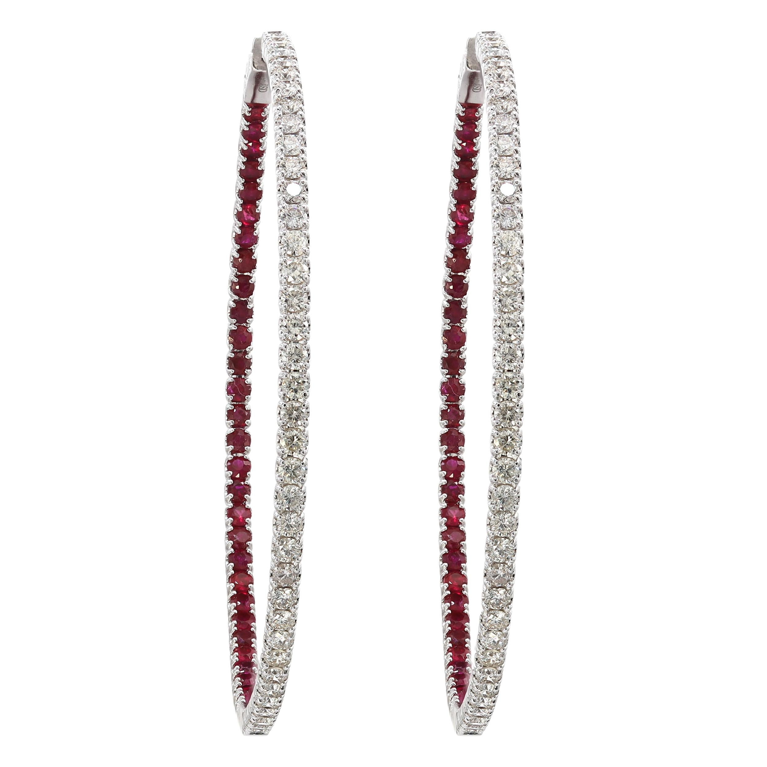 Modern Inside Out Diamond Red Ruby Large Hoop Earrings 2.30cts 14K White Gold For Sale