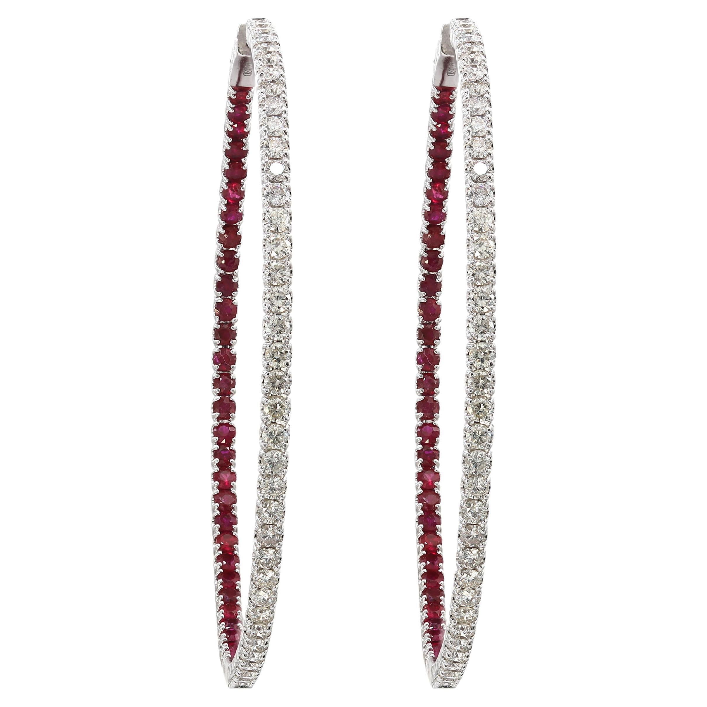 Inside Out Diamond Red Ruby Large Hoop Earrings 2.30cts 14K White Gold