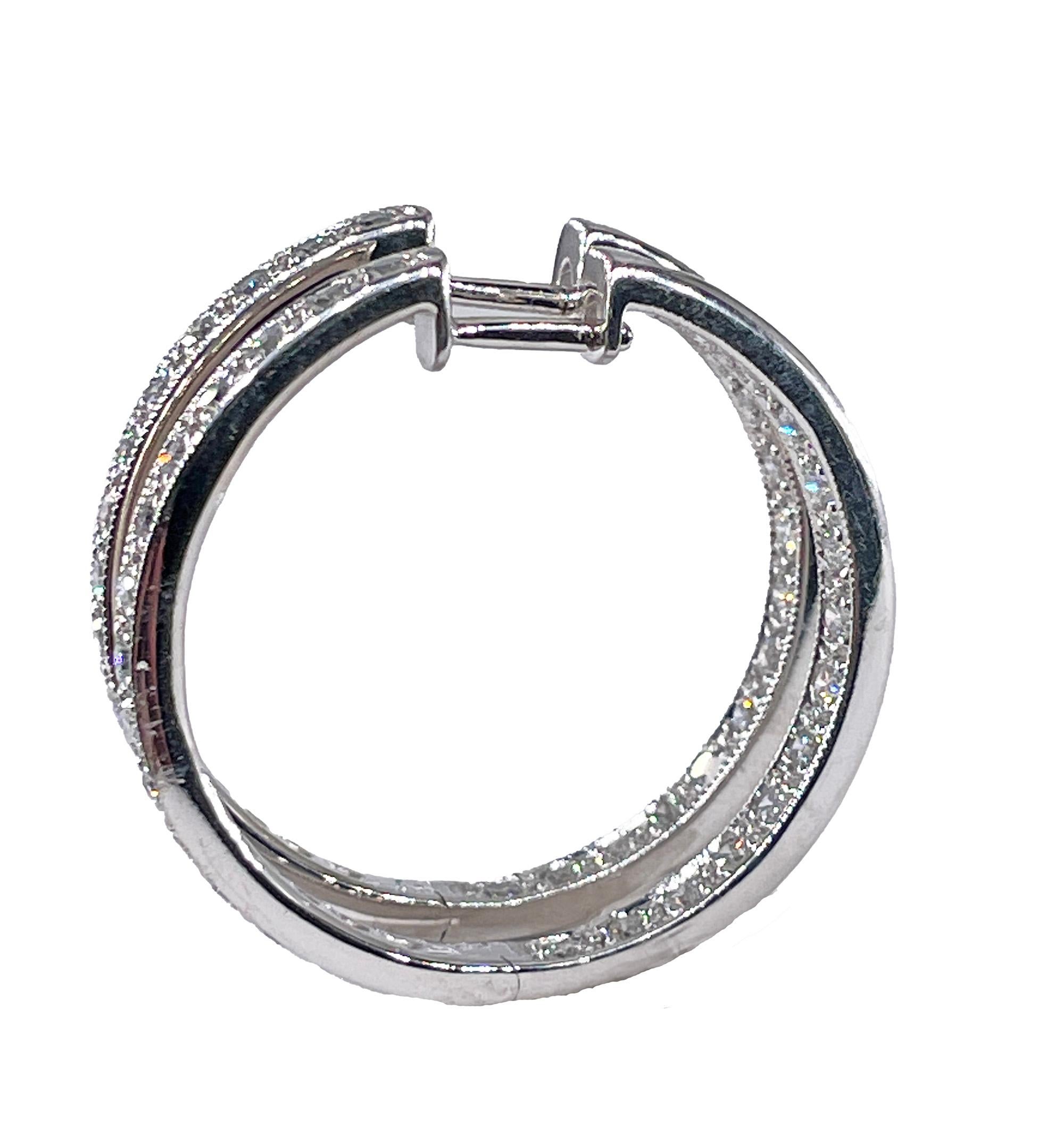 Modern Inside Out Estate Round Pave 3.0ctw Diamond 14k White Gold 30mm Hoop Earrings For Sale